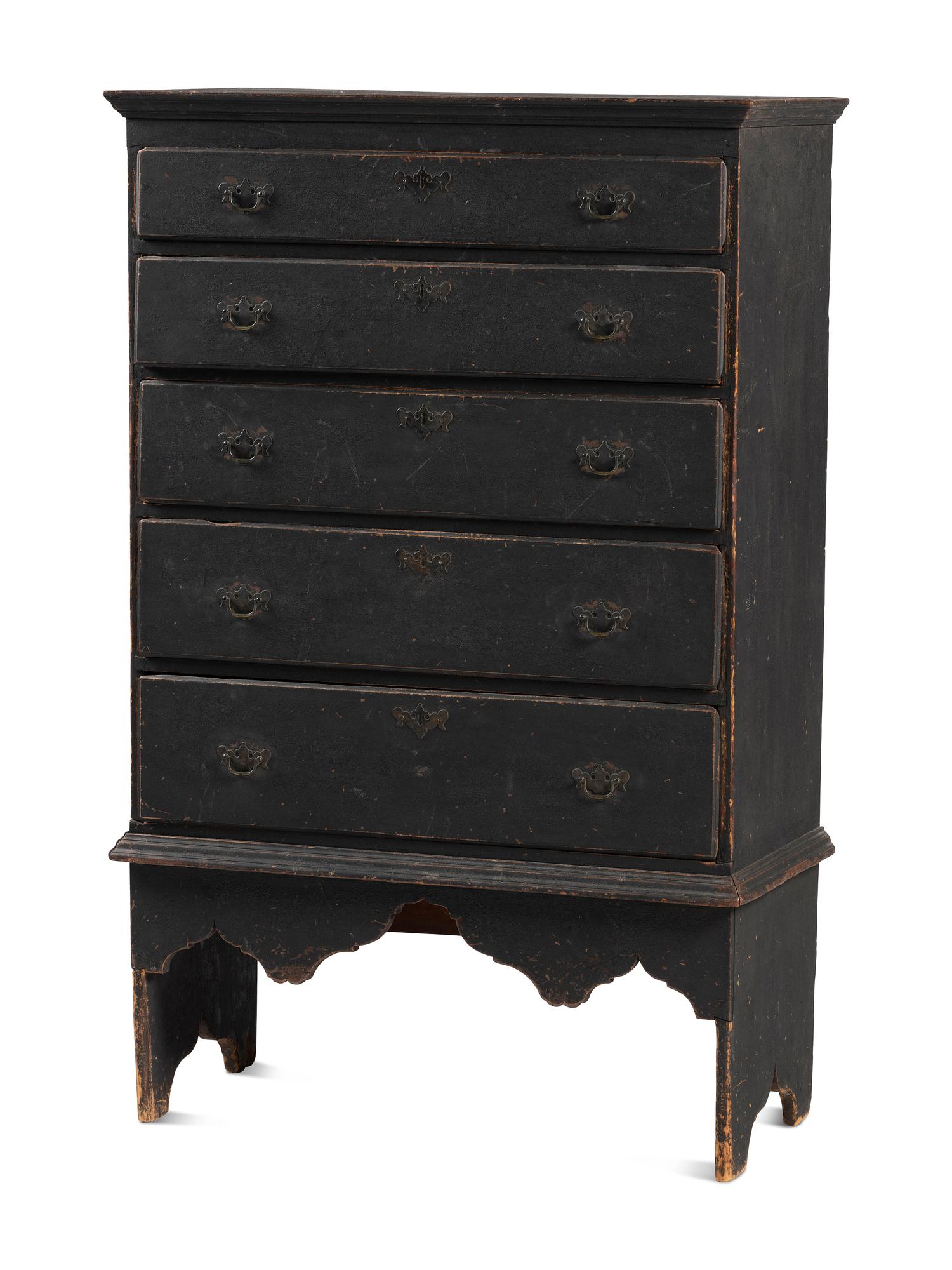 A Country Queen Anne Black Painted Cherrywood and Pine Tall Chest of Drawers, 18th Century