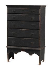 A Country Queen Anne Black Painted Cherrywood and Pine Tall Chest of Drawers, 18th Century