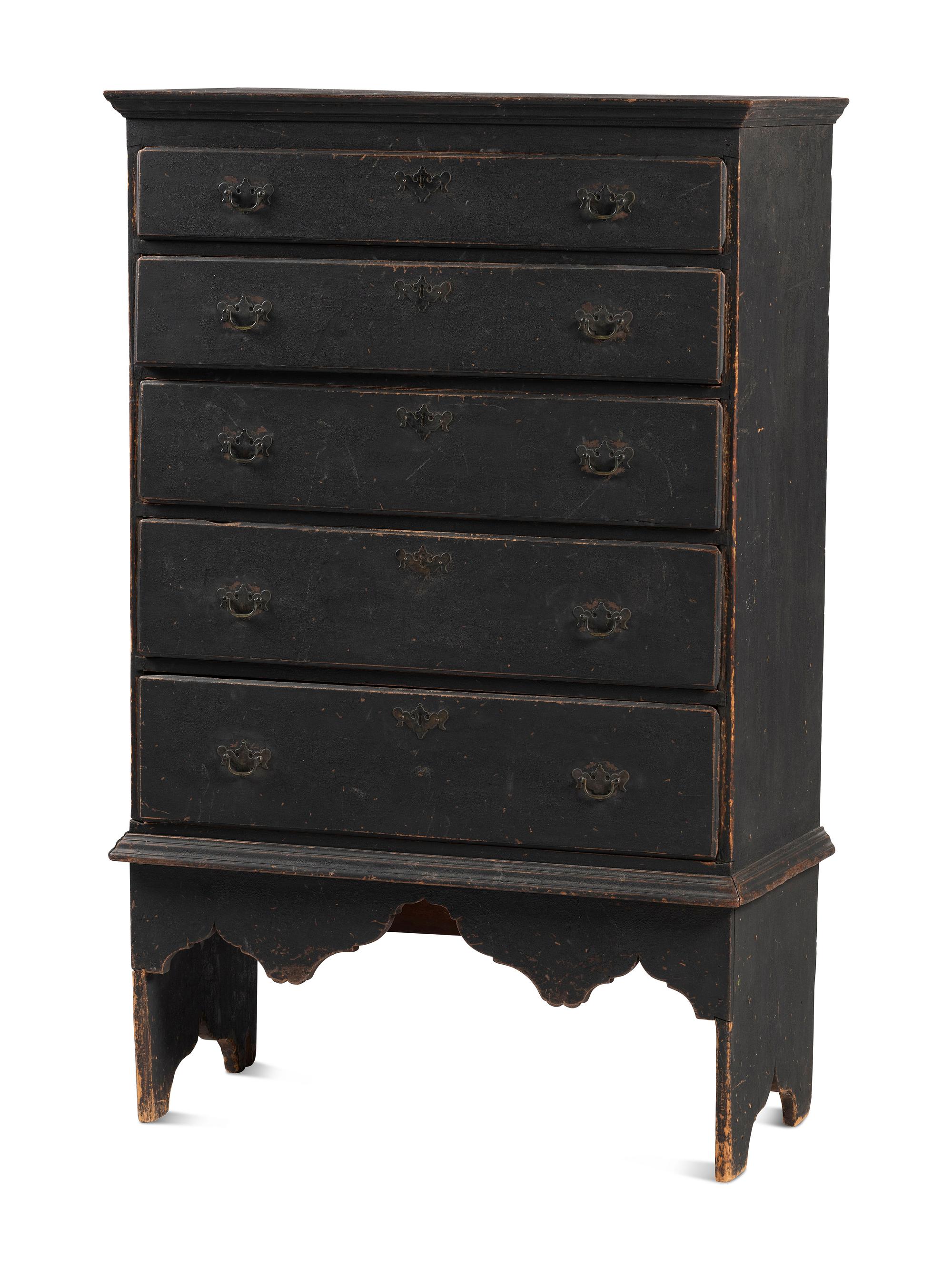 A Country Queen Anne Black Painted Cherrywood and Pine Tall Chest of Drawers, 18th Century