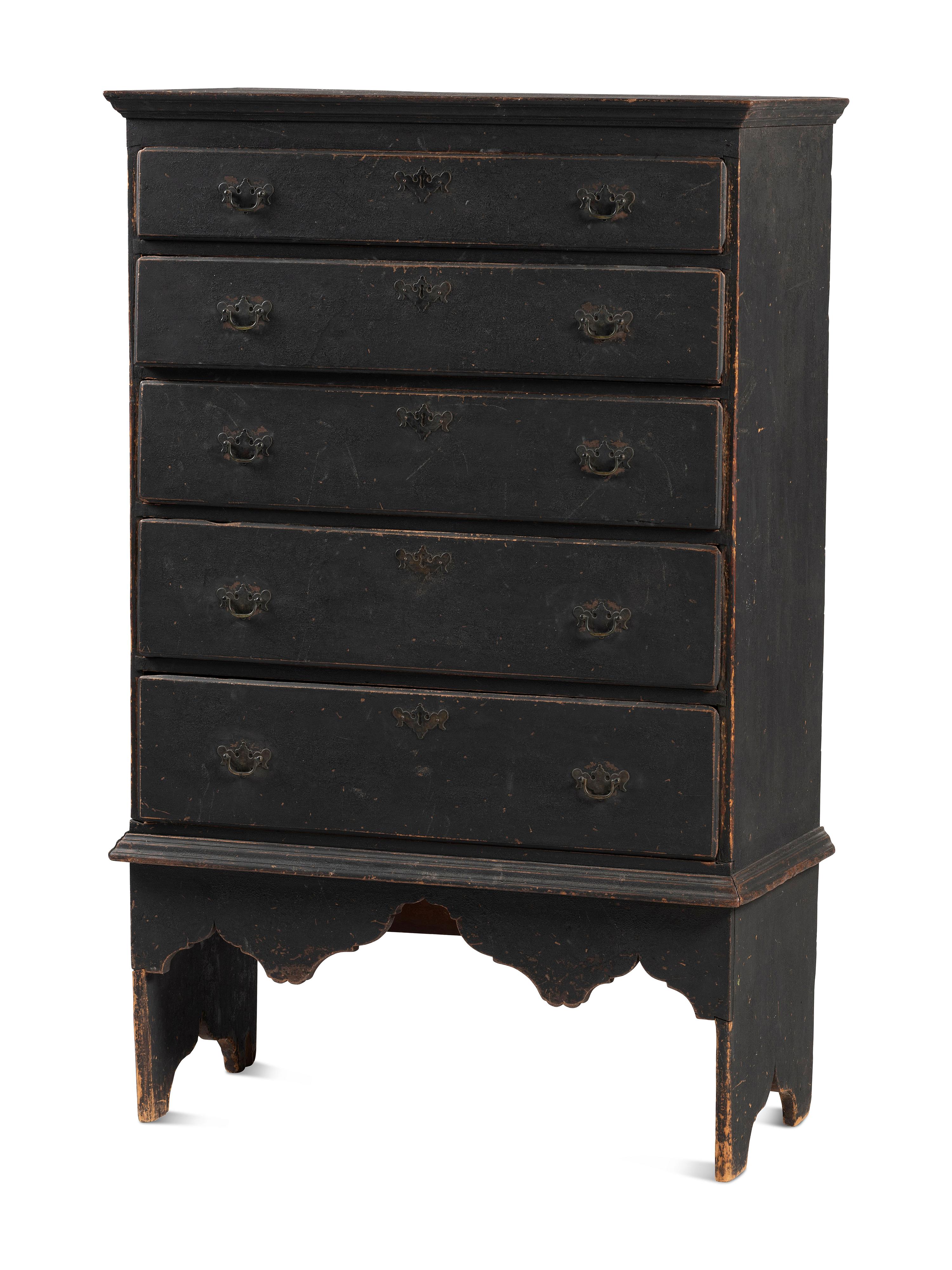 A Country Queen Anne Black Painted Cherrywood and Pine Tall Chest of Drawers, 18th Century