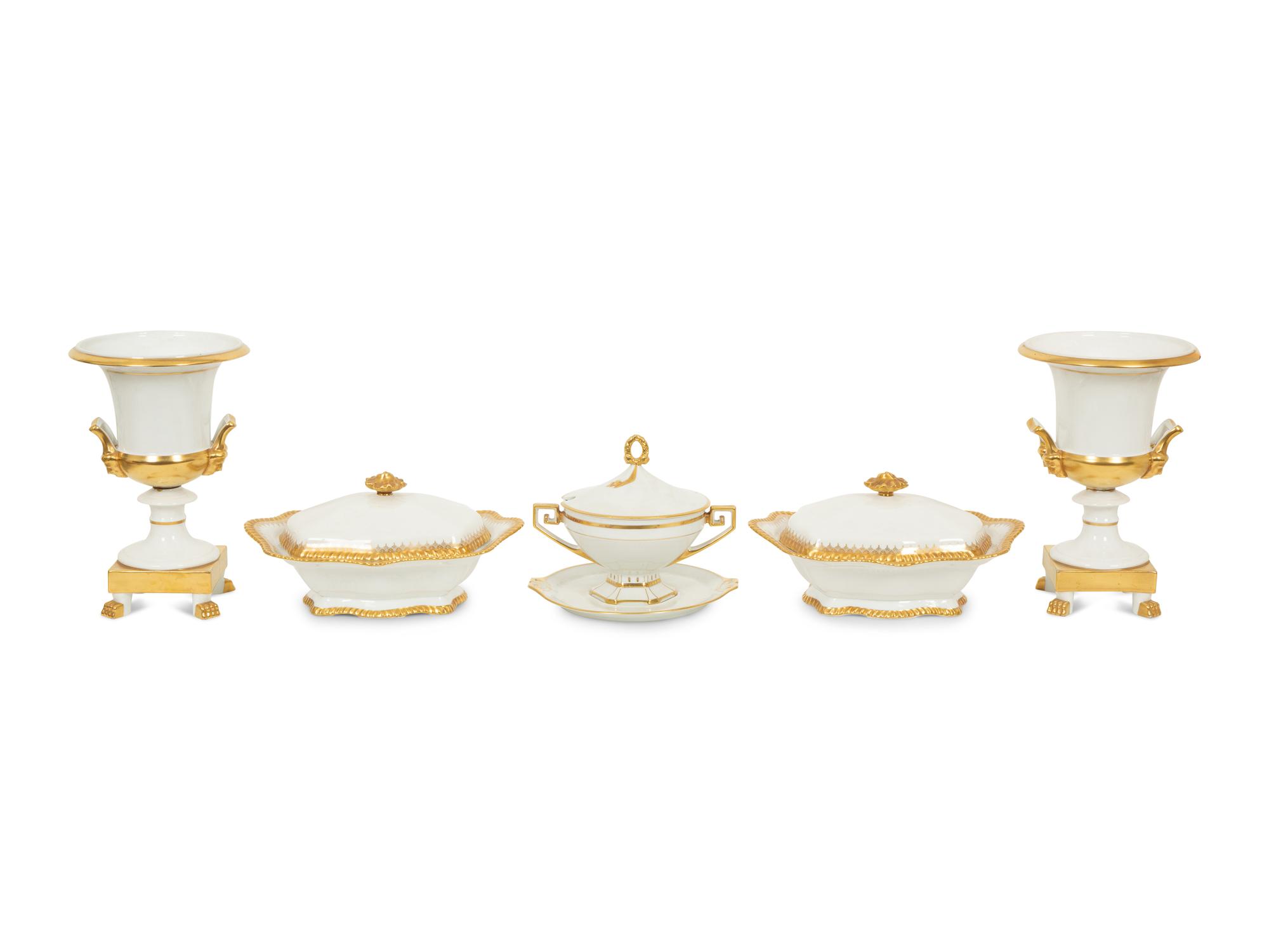 A Group of Five Continenal Gilt Porcelain Wares