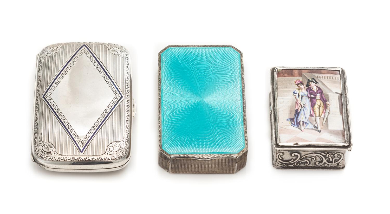 A Group of Three German Silver and Enamel Boxes, Various Makers, comprising a cigarette case, a guilloche enameled compact and a snuff