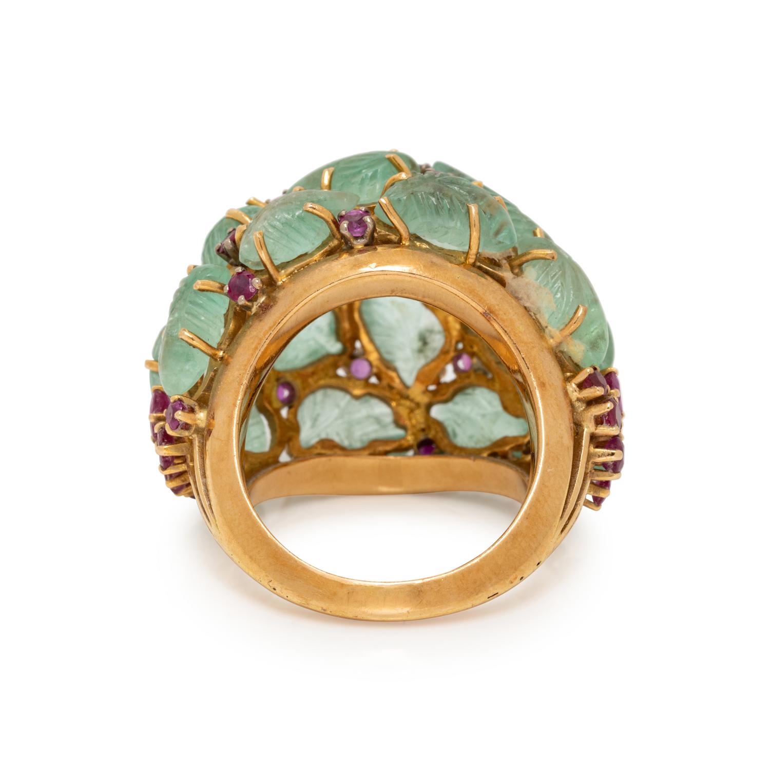 CARVED EMERALD, DIAMOND, AND RUBY RING