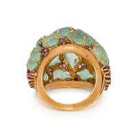 CARVED EMERALD, DIAMOND, AND RUBY RING
