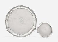 A George III sterling silver salver, John Carter II, London, 1769, and a small Irish George II sterling silver tray, Dublin, 1730