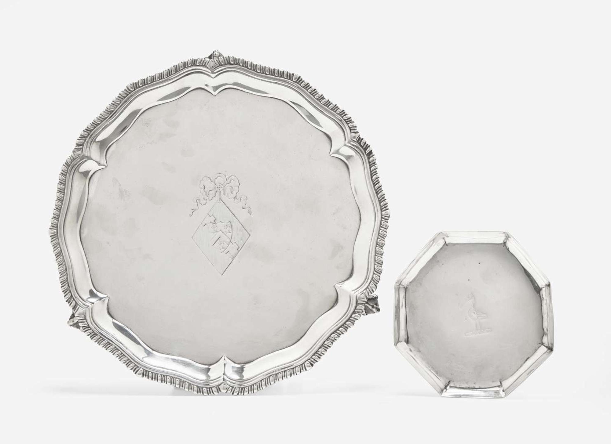 A George III sterling silver salver, John Carter II, London, 1769, and a small Irish George II sterling silver tray, Dublin, 1730