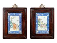 A Pair of Chinese Famille Rose Porcelain Plaque Inset Hanging Screens