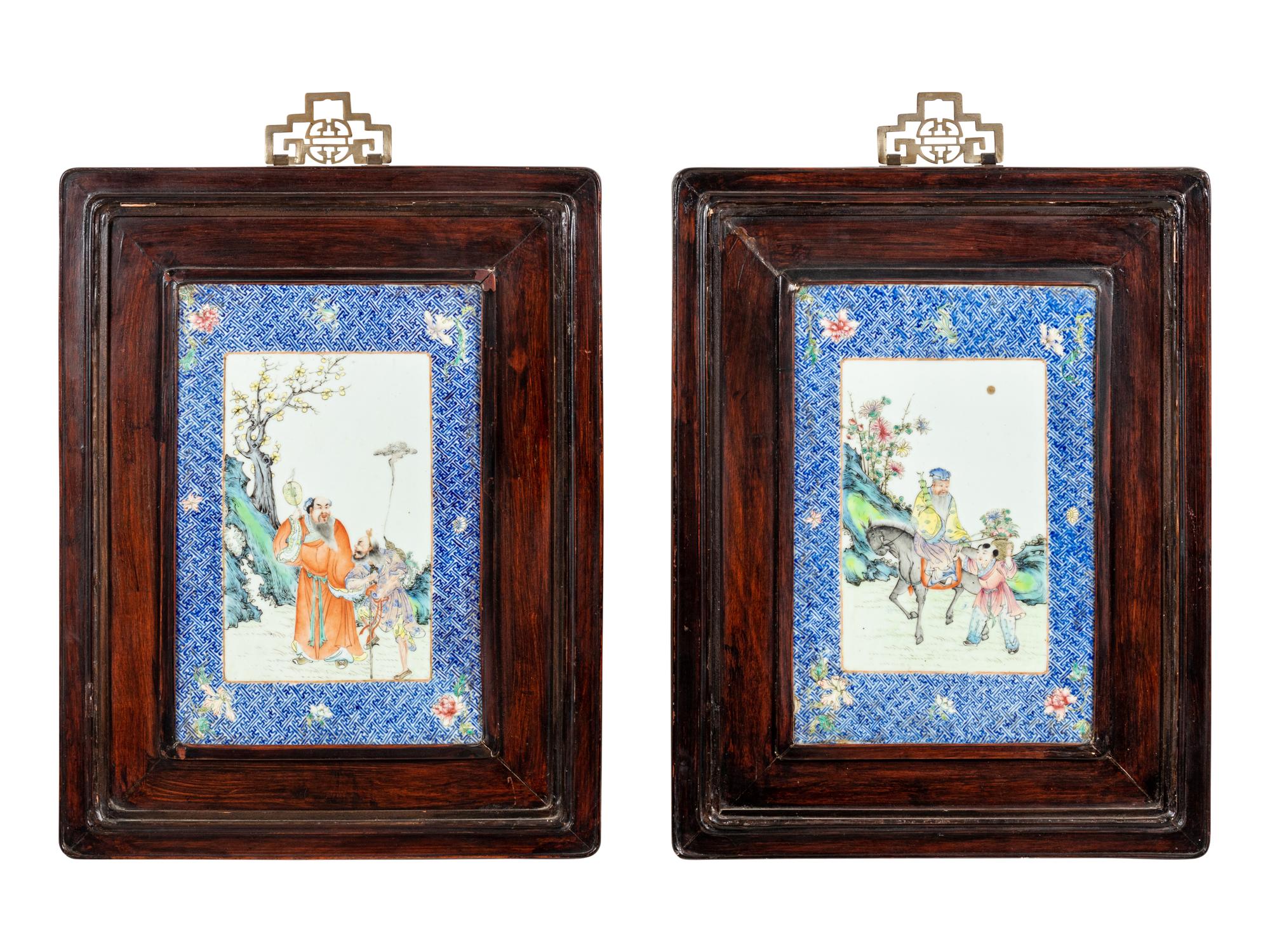 A Pair of Chinese Famille Rose Porcelain Plaque Inset Hanging Screens