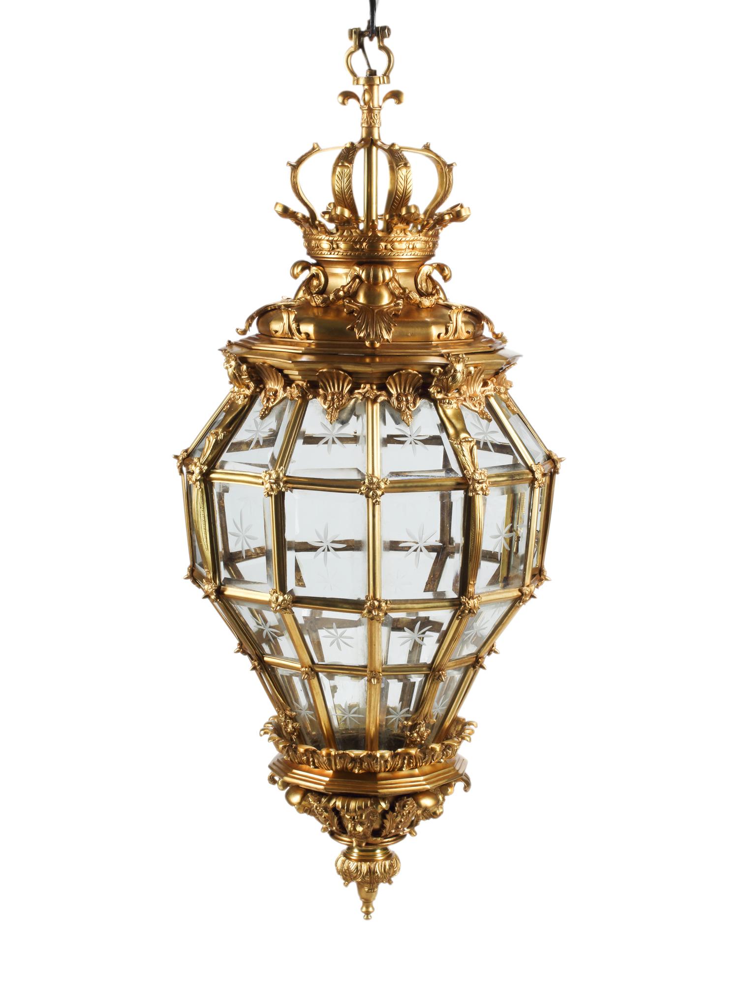A Pair of Louis XVI Style Gilt Bronze and Etched Glass Hall Lanterns