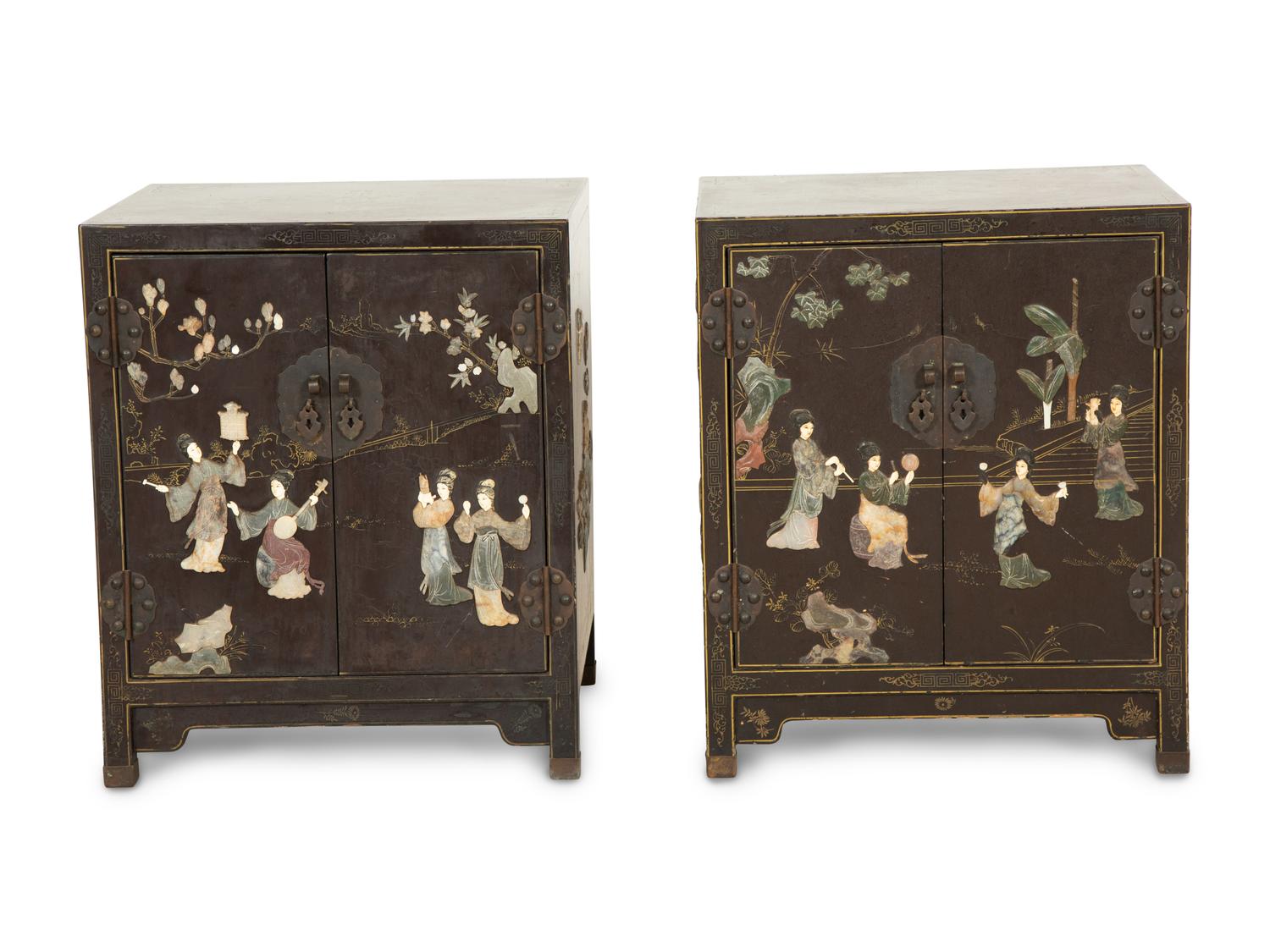 A Pair of Chinese Black Lacquer Side Cabinets with Inlaid Hardstone Decoration