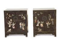 A Pair of Chinese Black Lacquer Side Cabinets with Inlaid Hardstone Decoration