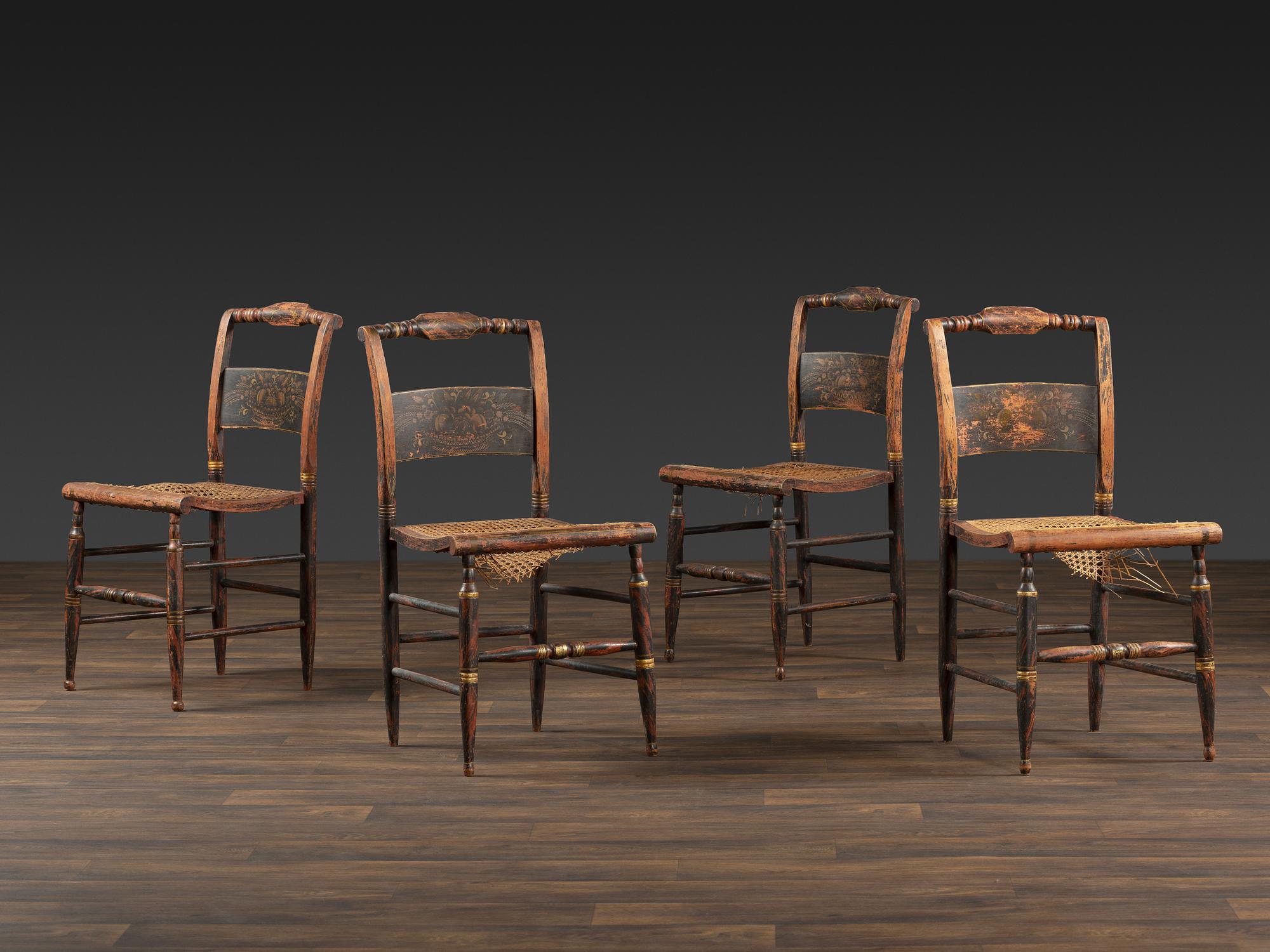 A Set of Four Classical 'Fancy' Stenciled Cane-Seat Side Chairs
