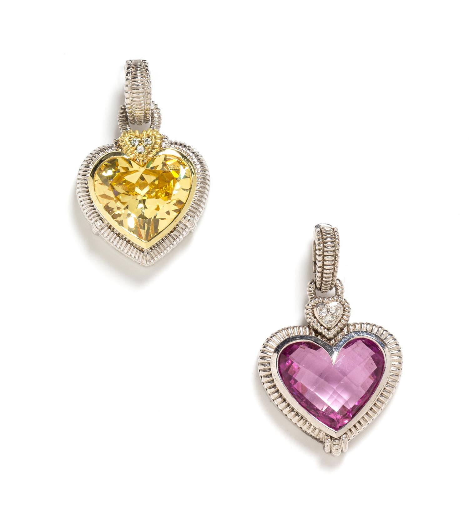 A Collection of Sterling Silver, 18 Karat Yellow Gold, Quartz, Diamond and CZ Heart Pendants, Judith Ripka, 15.70 dwts.