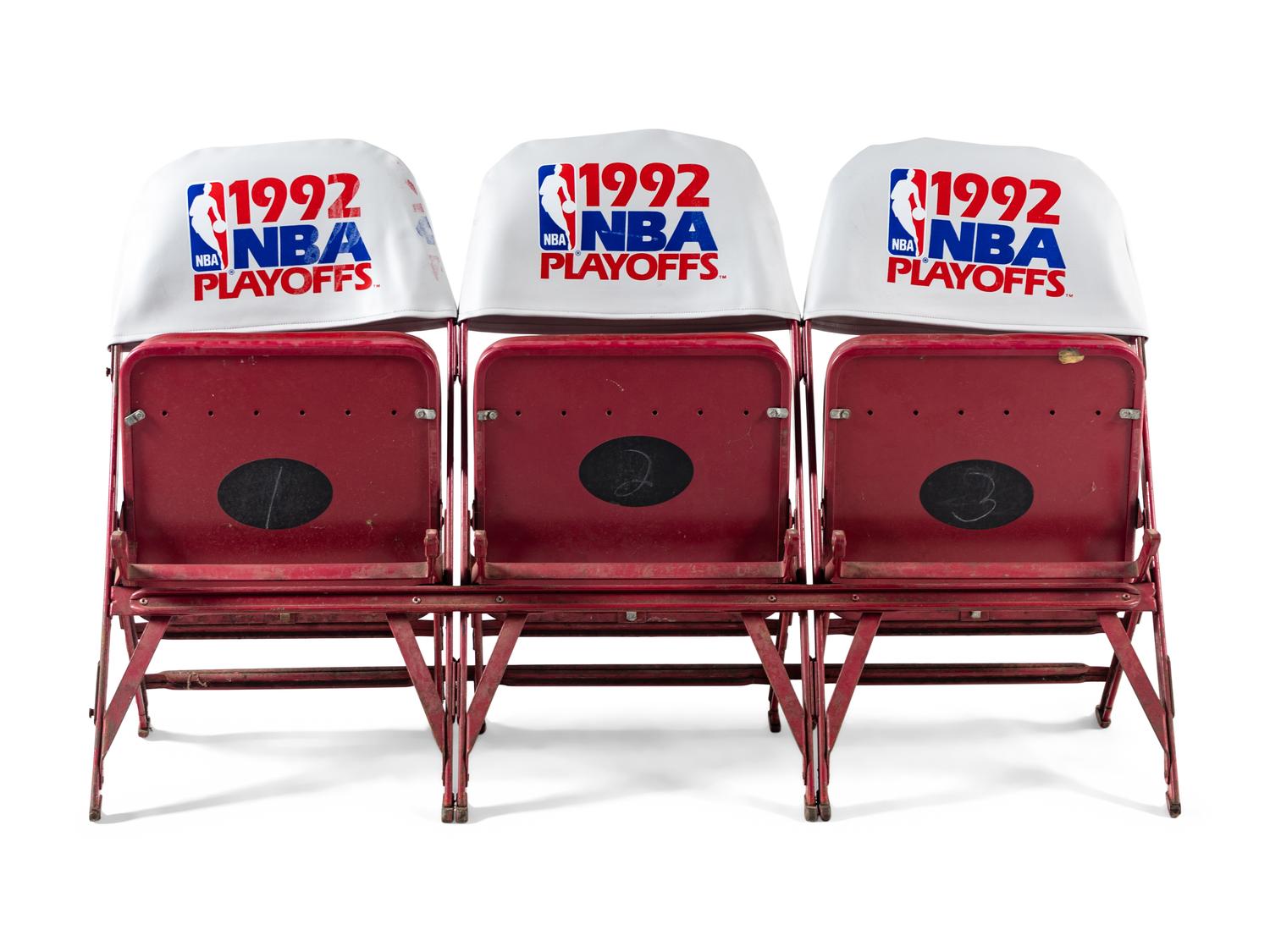 A Row of Three Chicago Bulls 1992 NBA Playoffs Chicago Stadium Courtside Seat Chairs