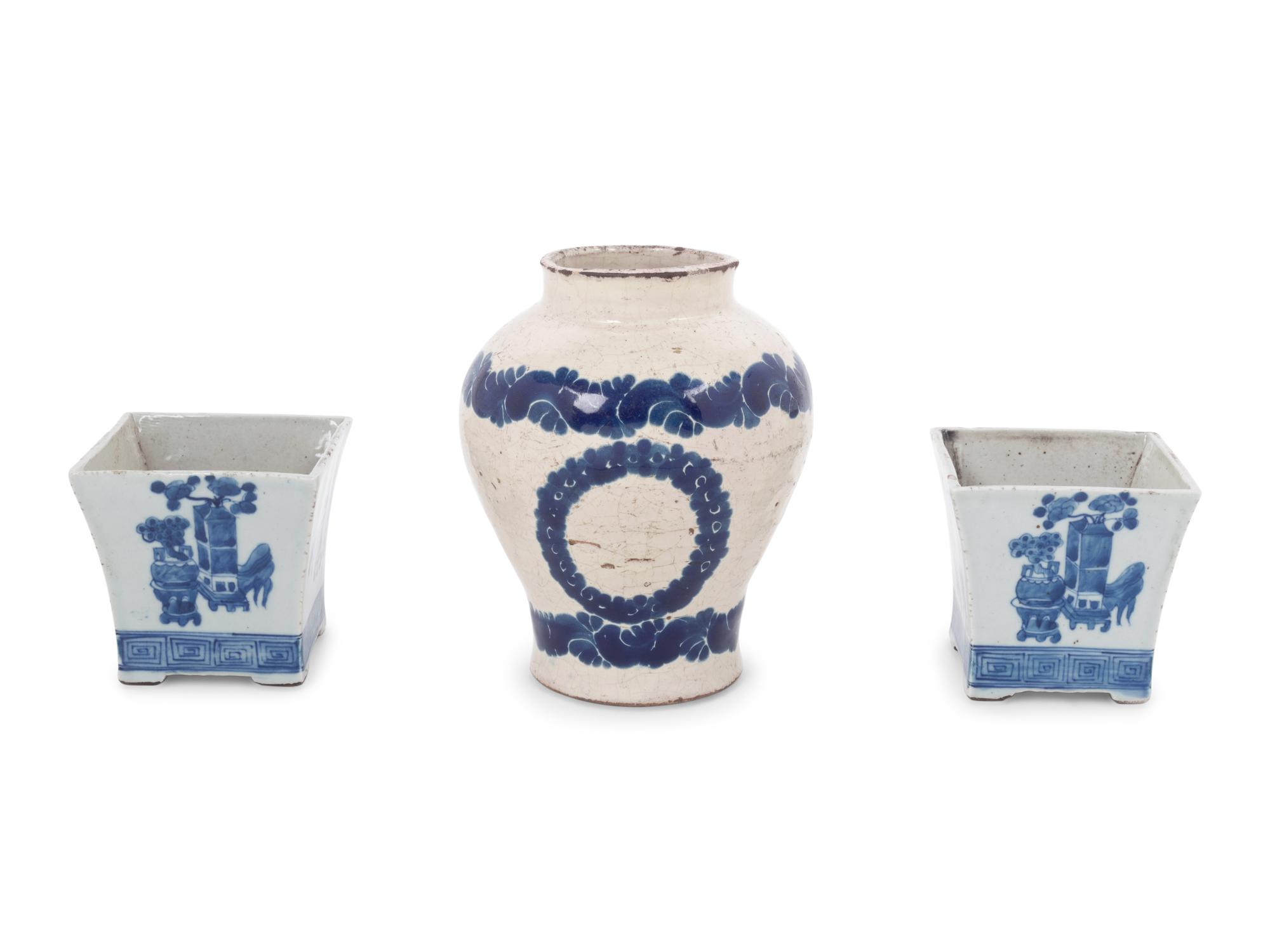 A Pair of Chinese Miniature Planters in Blue and White and a Blue and White Vase