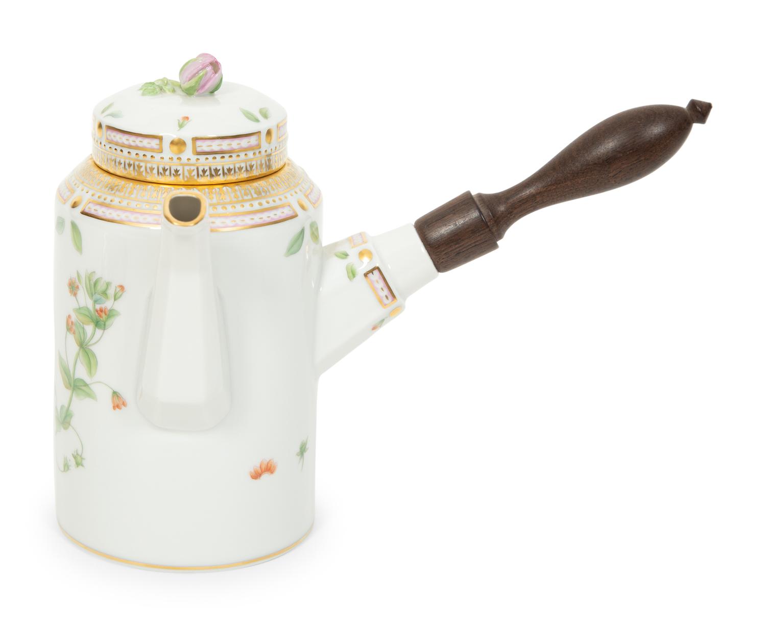 A Royal Copenhagen Flora Danica Porcelain Chocolate Pot with Five Cups and Three Saucers