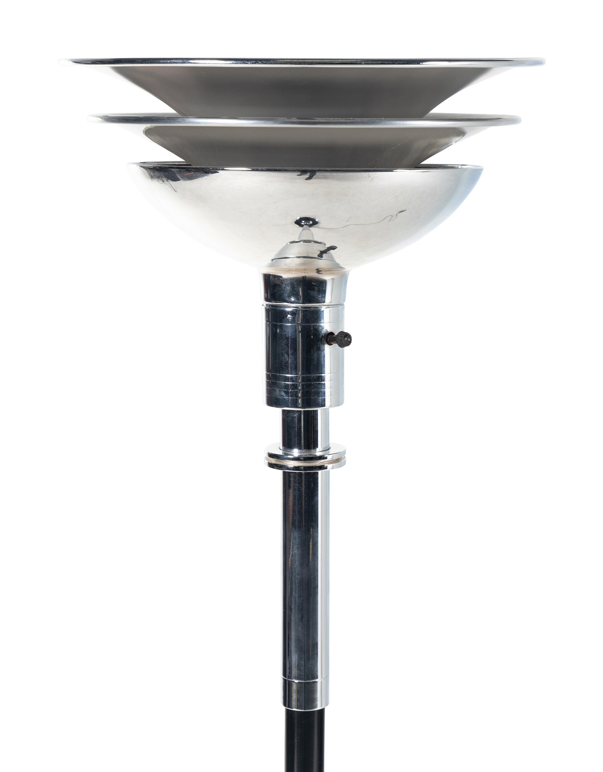An Art Deco Chromed and Ebonized Torchiere