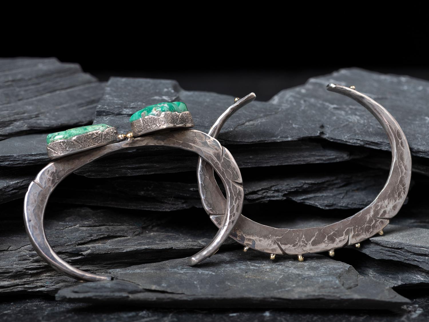 Pair of Slender Sterling Silver Cuff Bracelets with Gold Accents