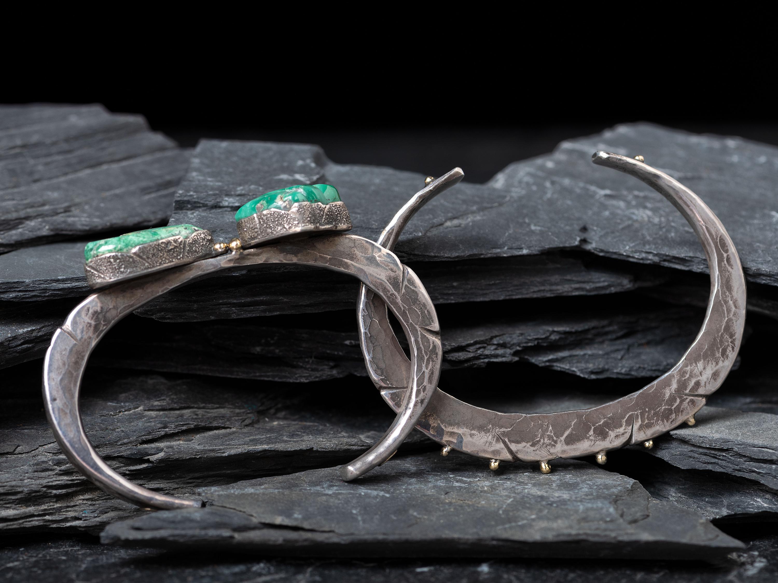 Pair of Slender Sterling Silver Cuff Bracelets with Gold Accents