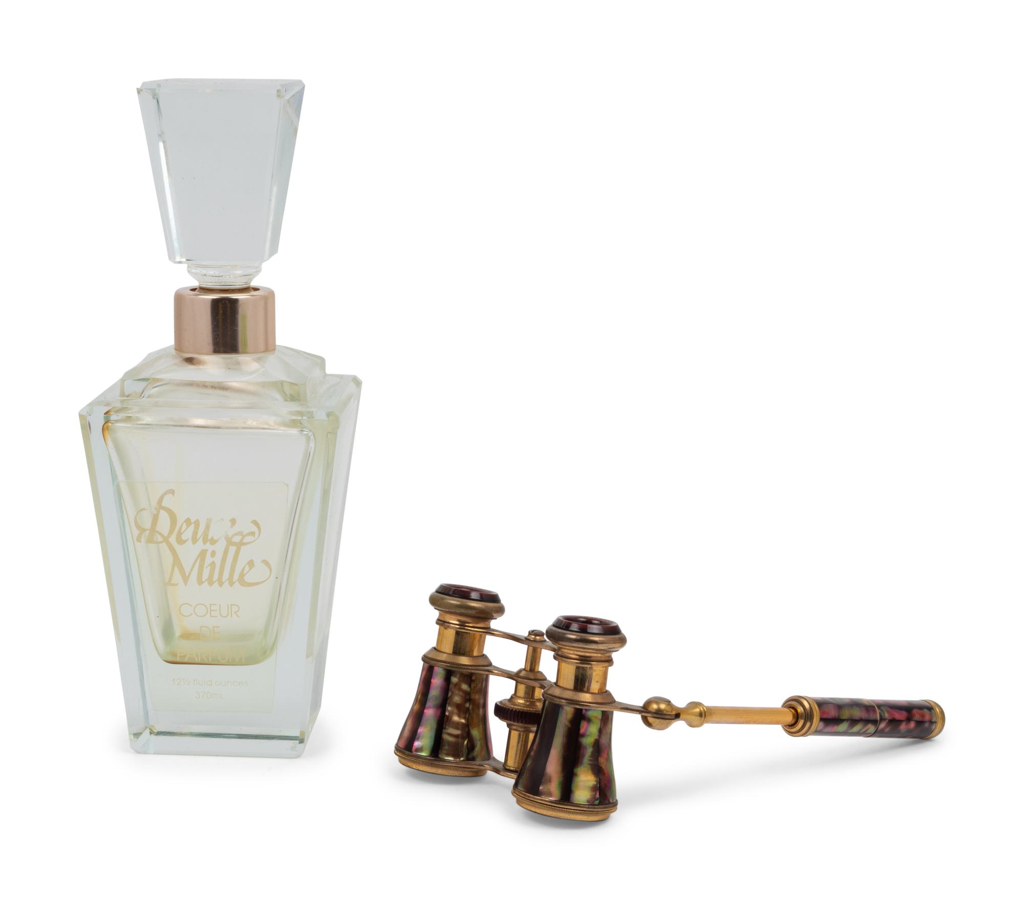 A Pair of French Opera Glasses and a Large French Glass Perfume Bottle with Fitted Case