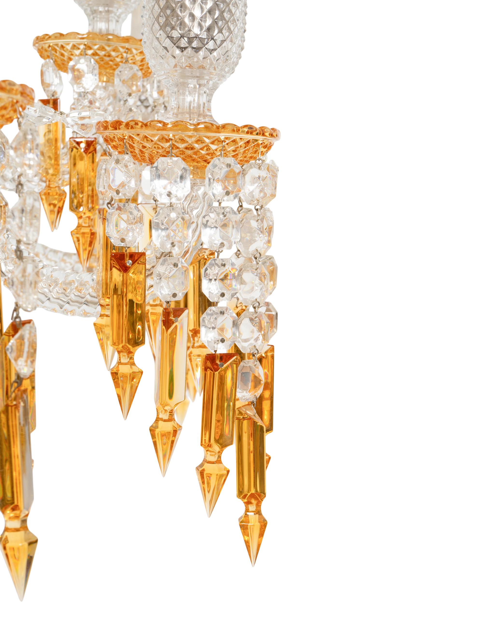 A Pair of Baccarat Zénith Clear and Amber Cut Glass Twelve-Light Torchères