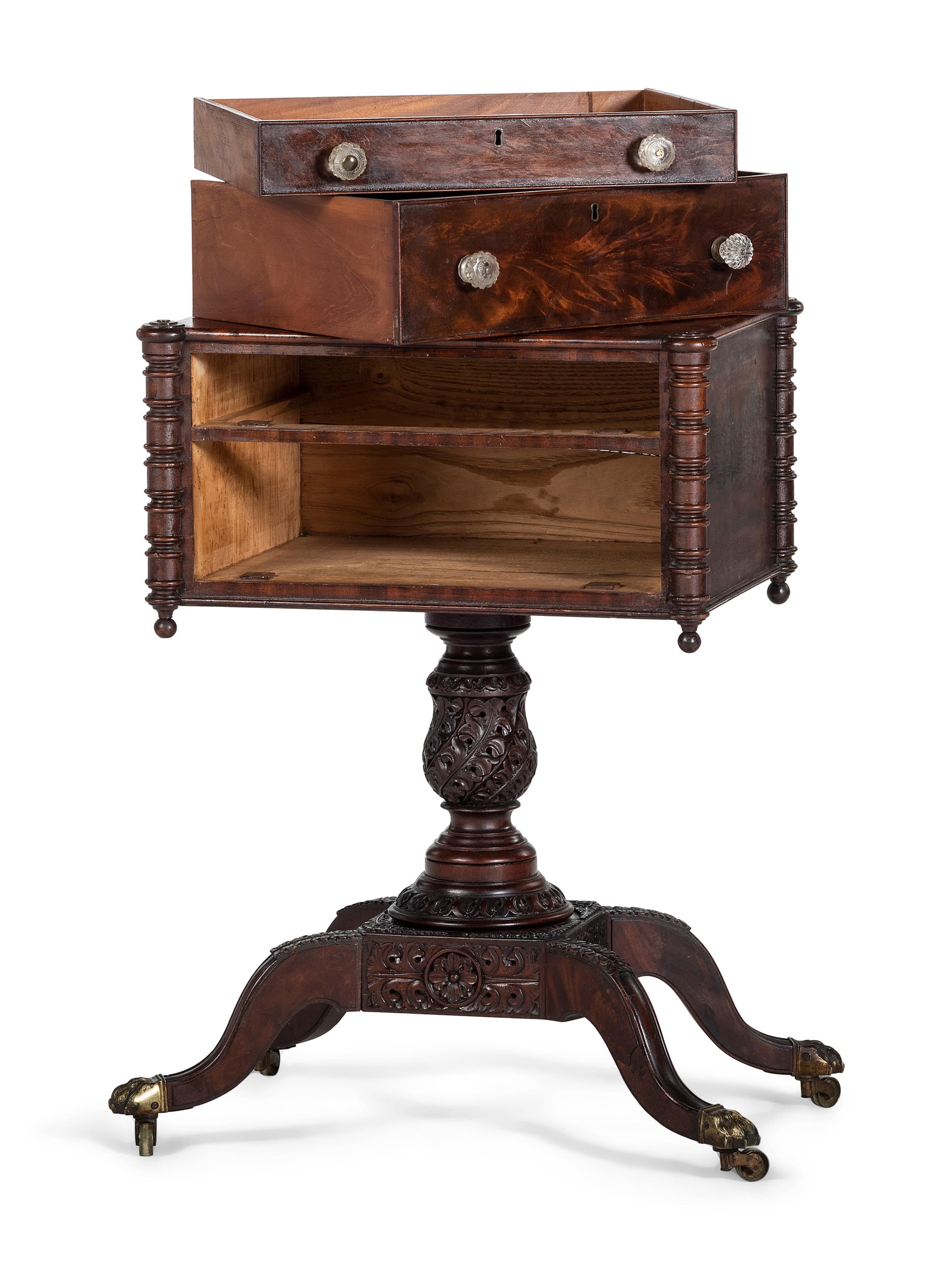 A Classical Carved and Figured Mahogany Pressed Glass Mounted Two-Drawer Work Stand