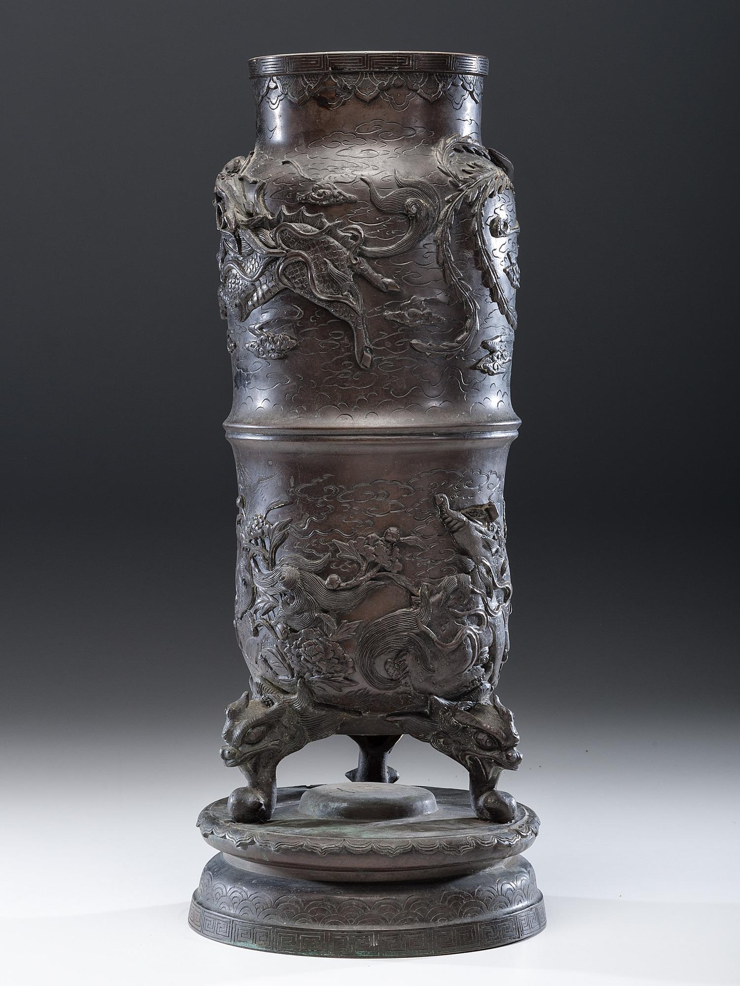 A Japanese Qilin, Phoenix, and Lion Bronze Urn