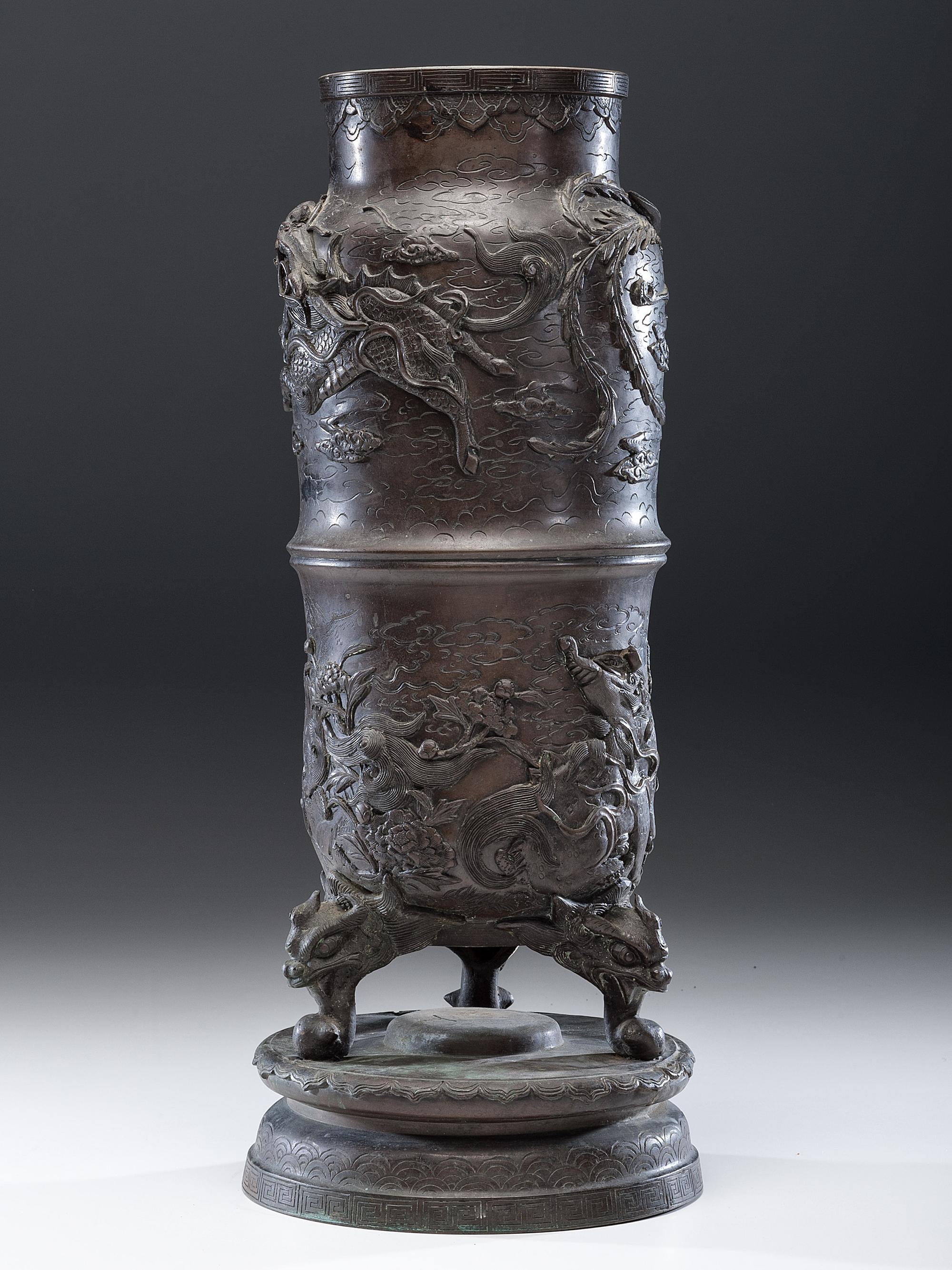 A Japanese Qilin, Phoenix, and Lion Bronze Urn
