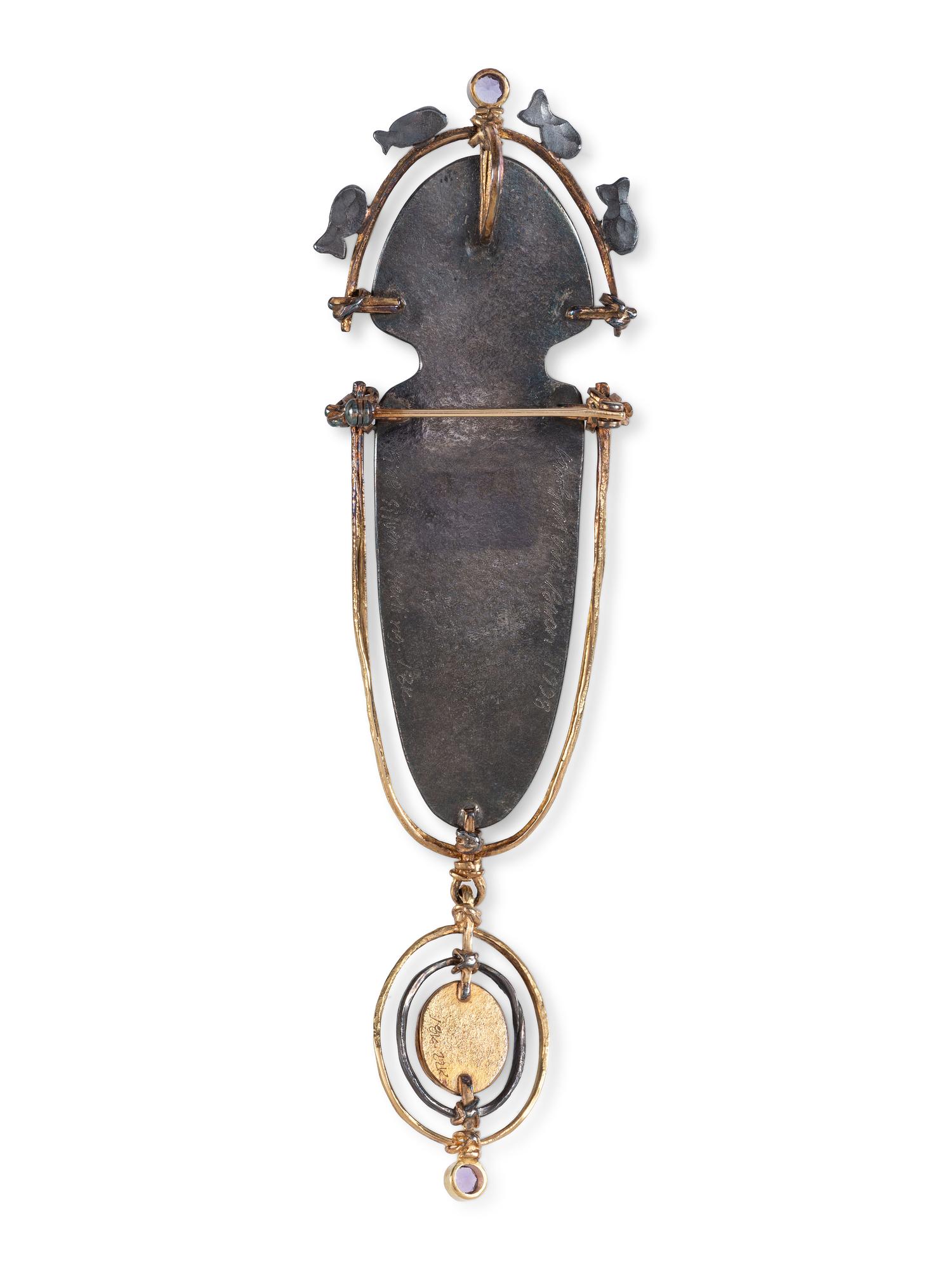 Aleutian-style 18K Gold Mixed Media Figural Pendant / Pin, with Fish
