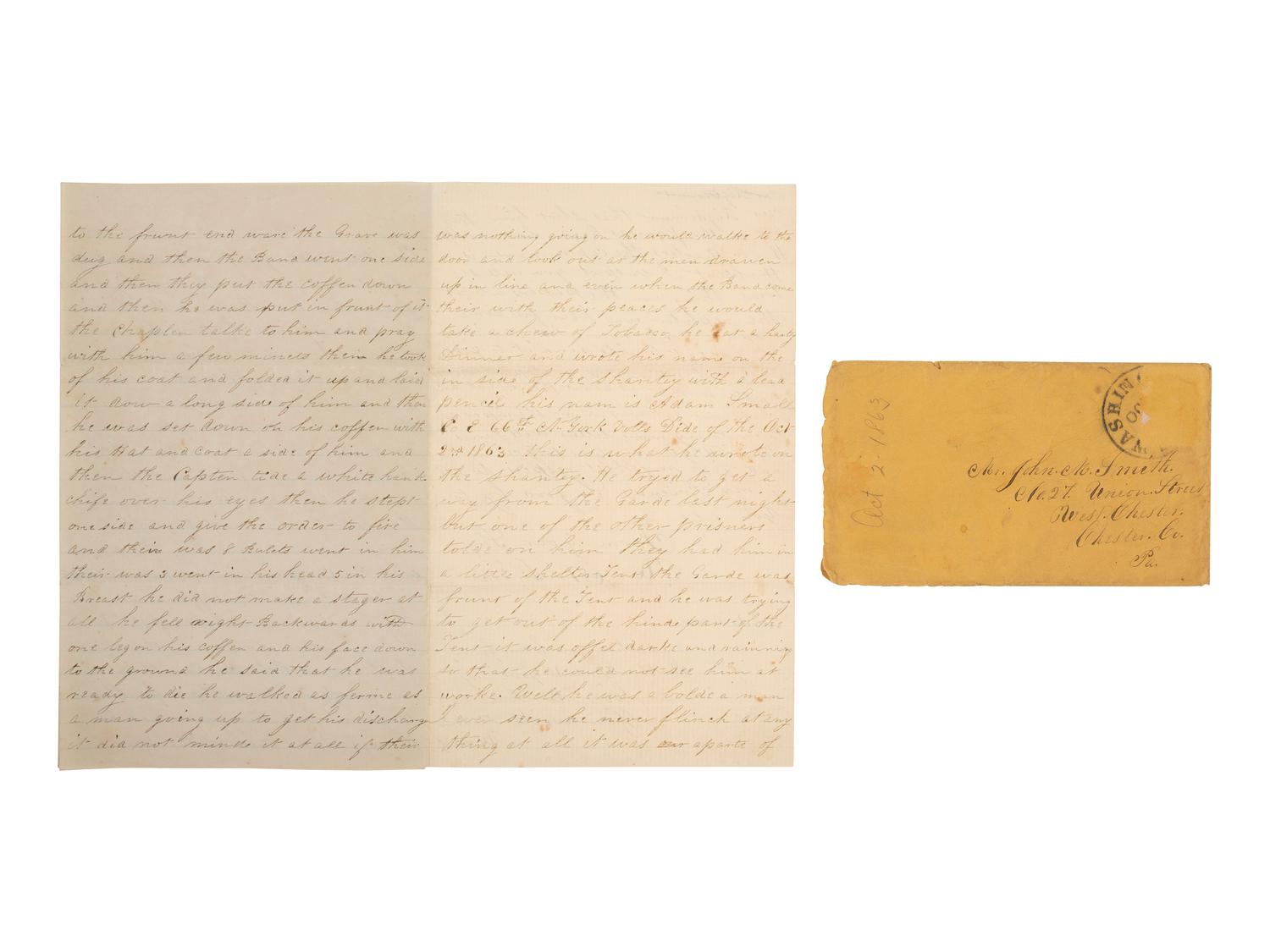 [CIVIL WAR]. Soldier's letter detailing the execution of an identified deserter by firing squad. "Head Quarters 1st Division 2nd Corp," 2 October 1863.