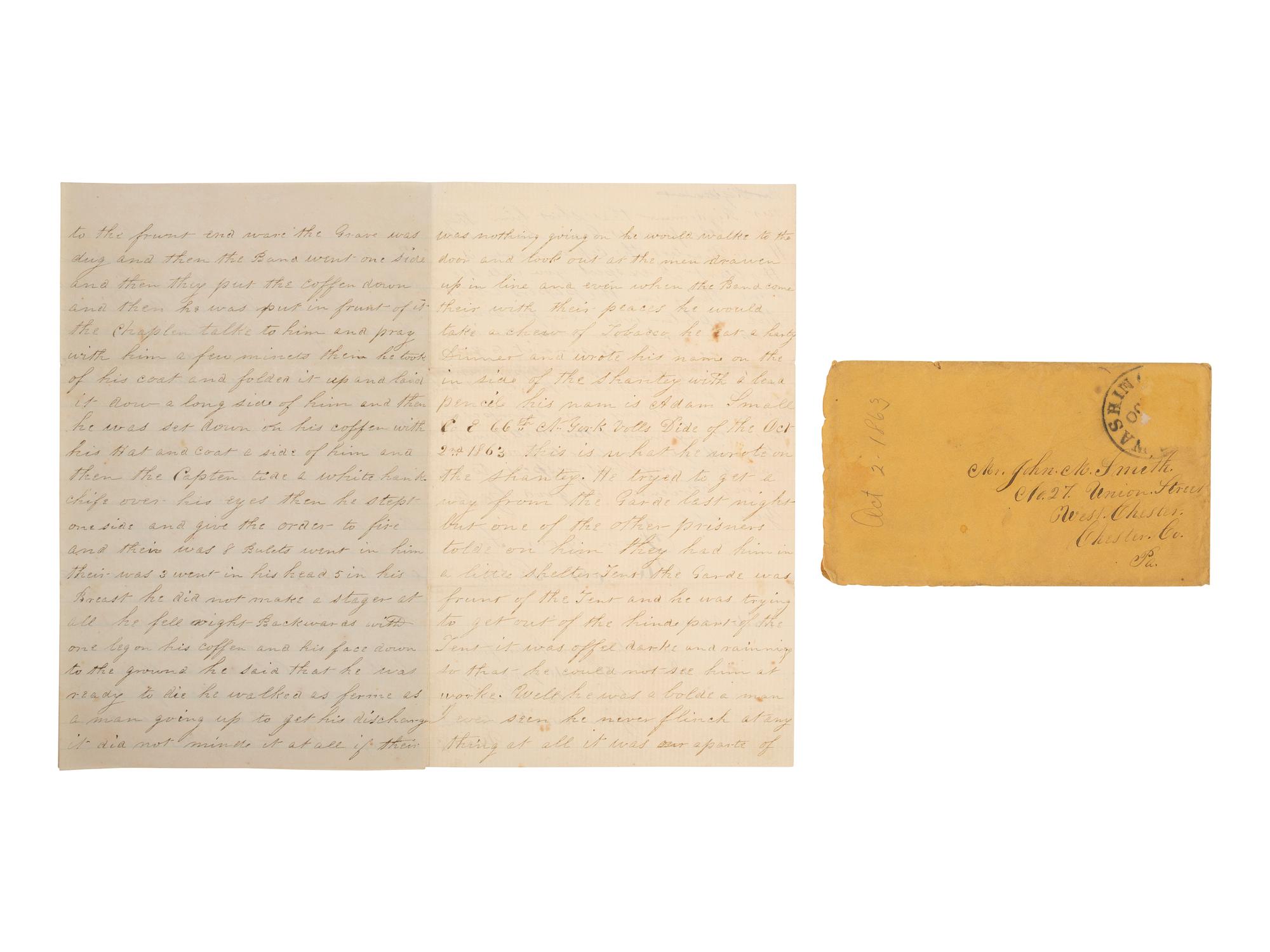 [CIVIL WAR]. Soldier's letter detailing the execution of an identified deserter by firing squad. "Head Quarters 1st Division 2nd Corp," 2 October 1863.