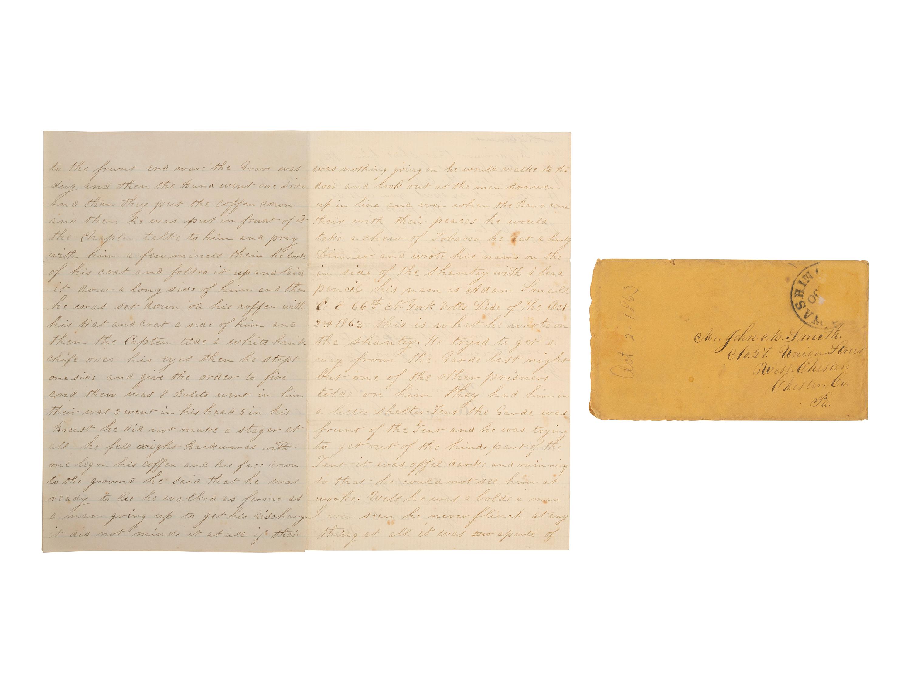 [CIVIL WAR]. Soldier's letter detailing the execution of an identified deserter by firing squad. "Head Quarters 1st Division 2nd Corp," 2 October 1863.