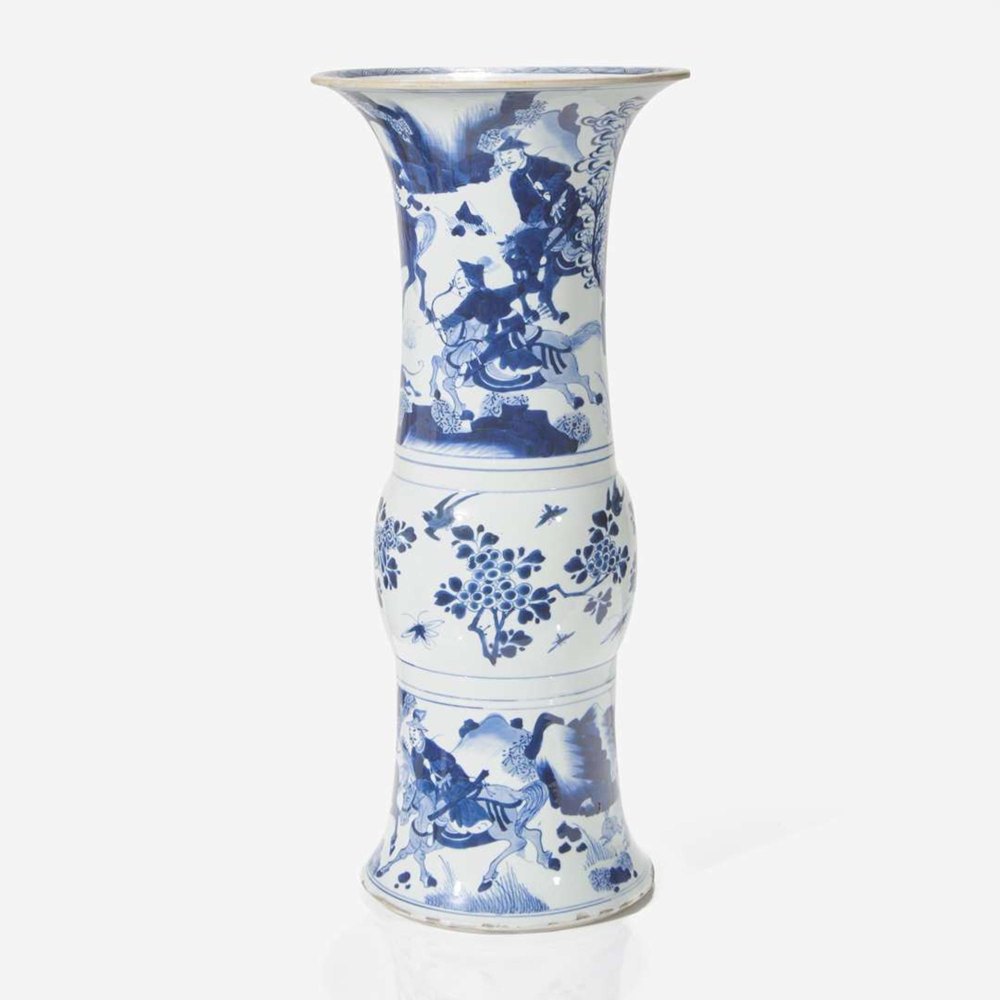 A Chinese blue and white porcelain Gu-form "Hunters" beaker vase 青花狩獵圖花觚 Kangxi period ? ??