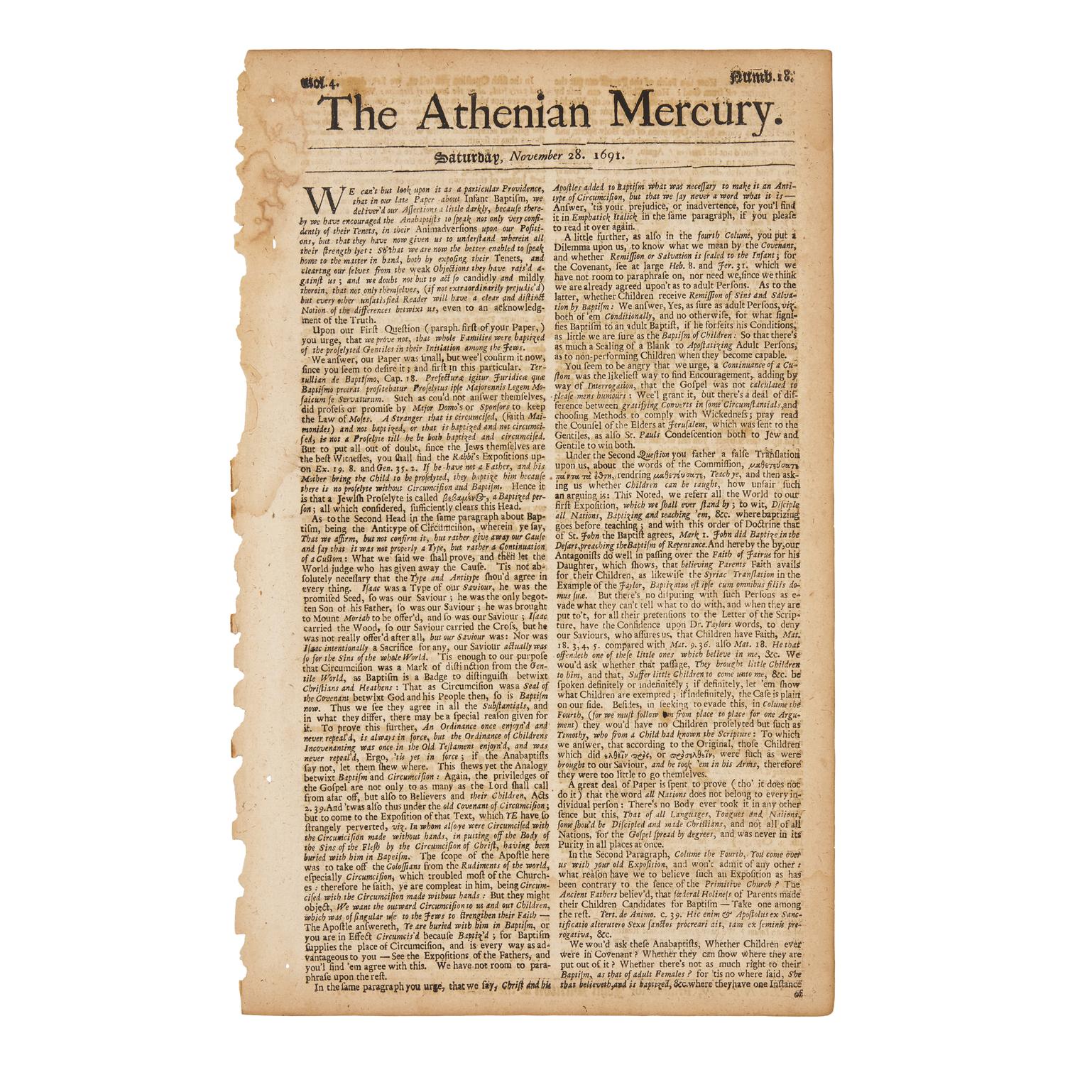 [Native-Americana] [Eliot, John] The Athenian Mercury, with a Postscript Honoring John Eliot