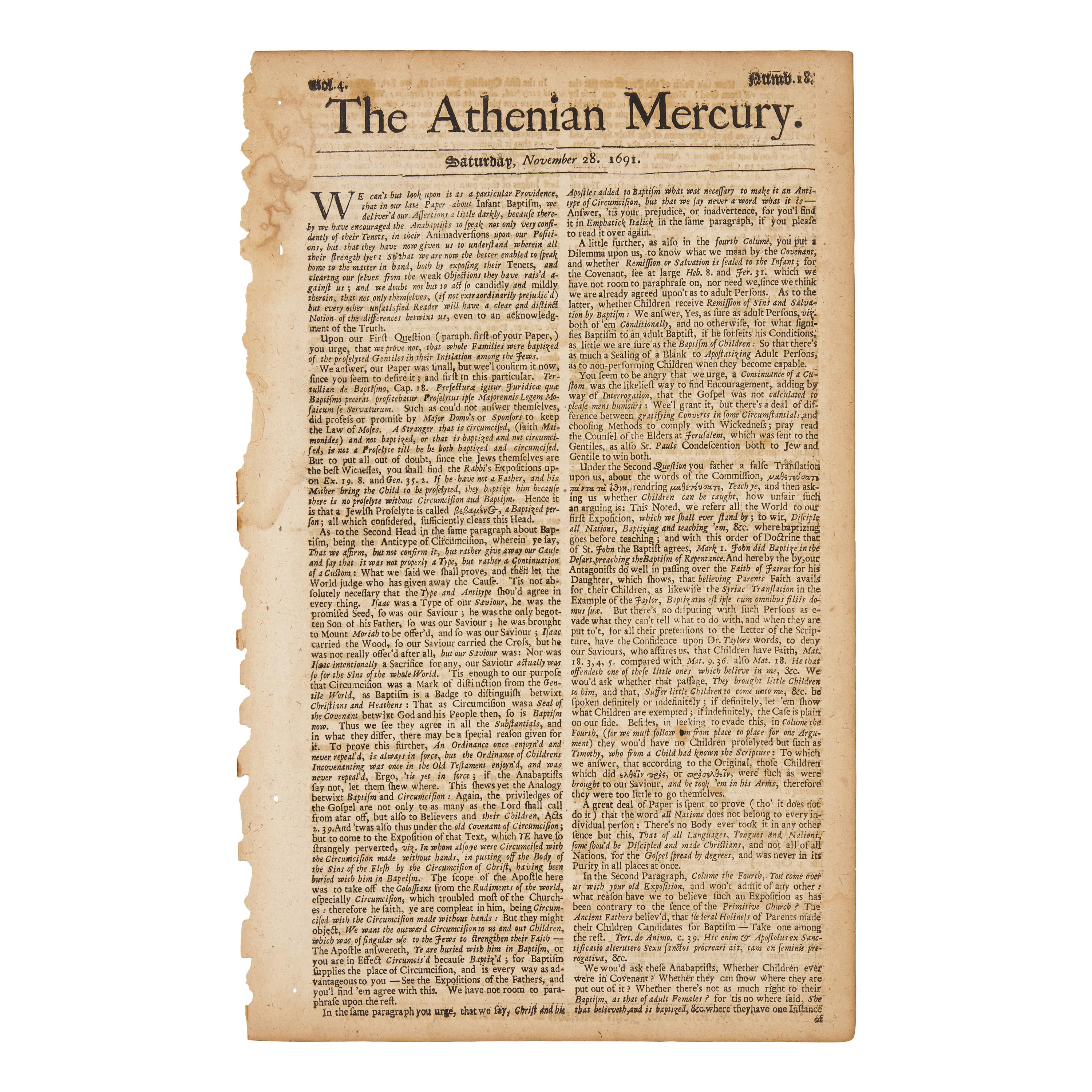 [Native-Americana] [Eliot, John] The Athenian Mercury, with a Postscript Honoring John Eliot