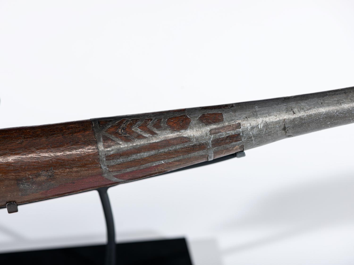 Siberian Yupik Wood Pipe, with Brass and Pewter Inlay