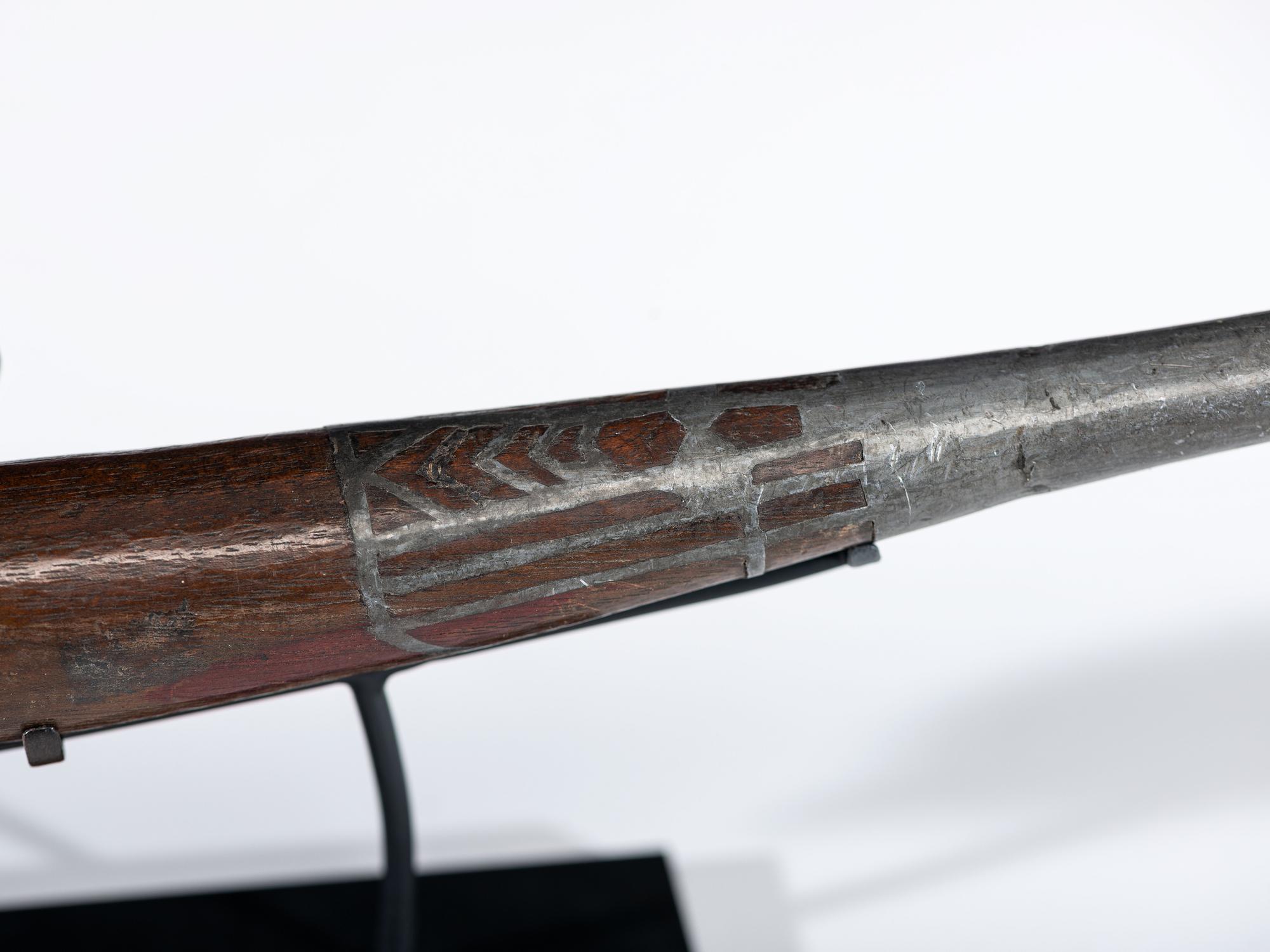 Siberian Yupik Wood Pipe, with Brass and Pewter Inlay