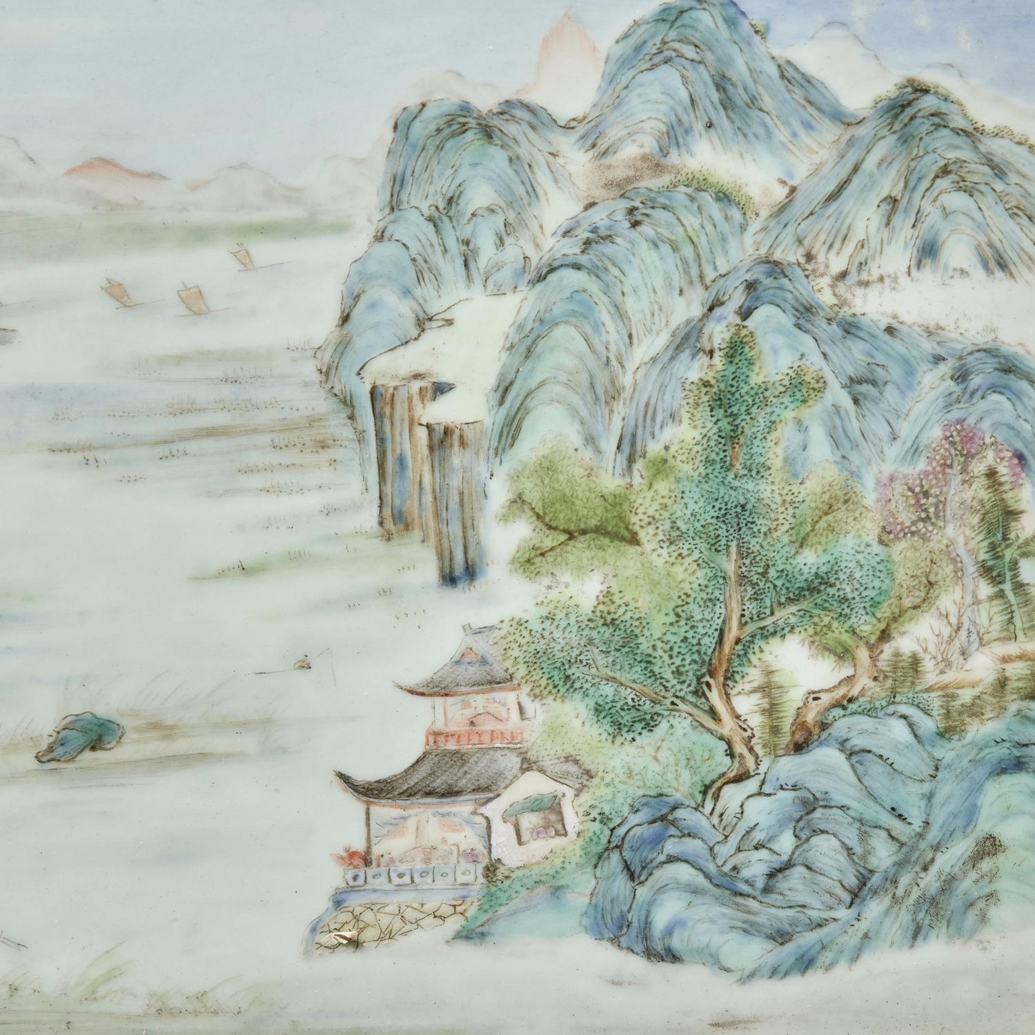 A Chinese Famille Rose Porcelain Inset Hardwood Table Screen — 硬木嵌粉彩山水圖桌屏