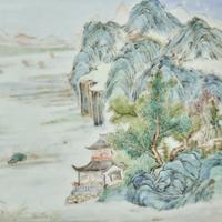 A Chinese Famille Rose Porcelain Inset Hardwood Table Screen — 硬木嵌粉彩山水圖桌屏