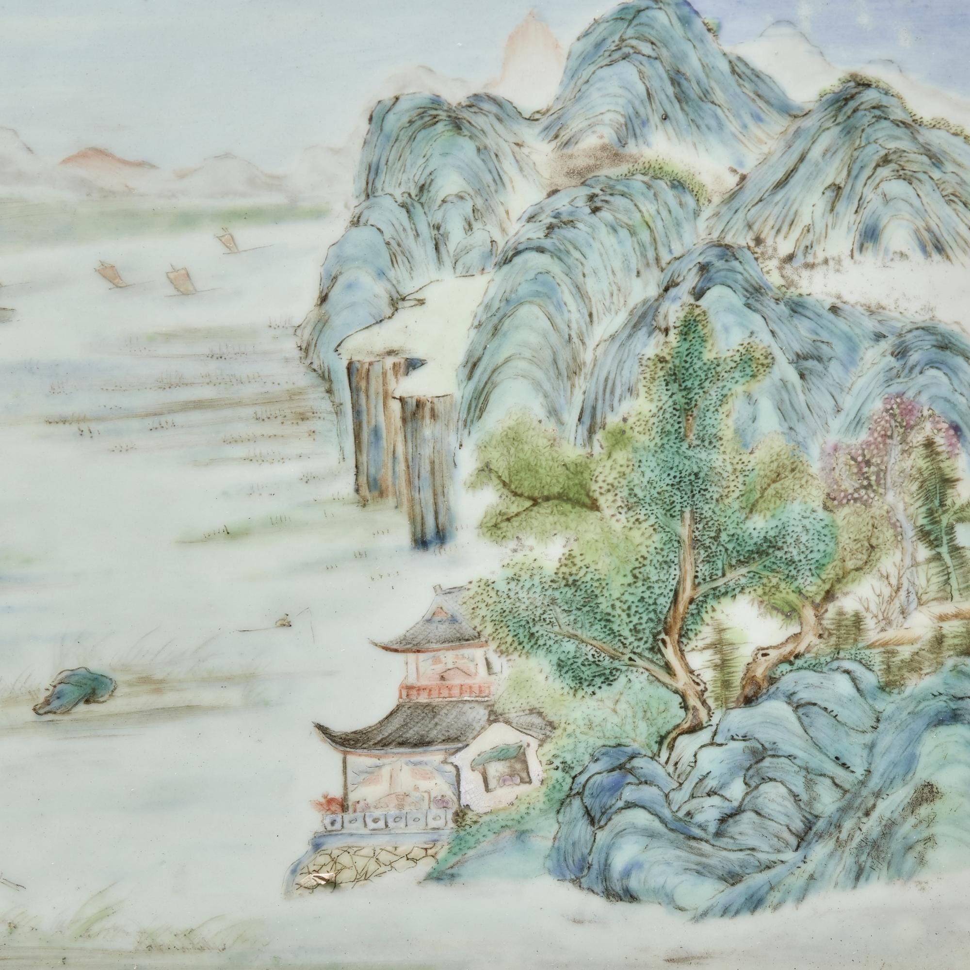 A Chinese Famille Rose Porcelain Inset Hardwood Table Screen — 硬木嵌粉彩山水圖桌屏