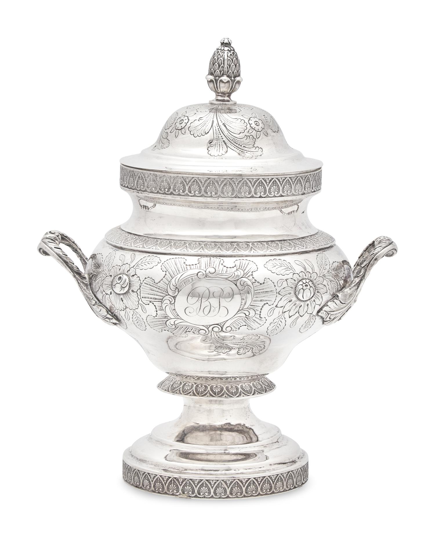 A Large Classical Silver Covered Sugar Dish, Baldwin Gardiner (1791-1868, active 1827-1848), New York, NY, Circa 1835