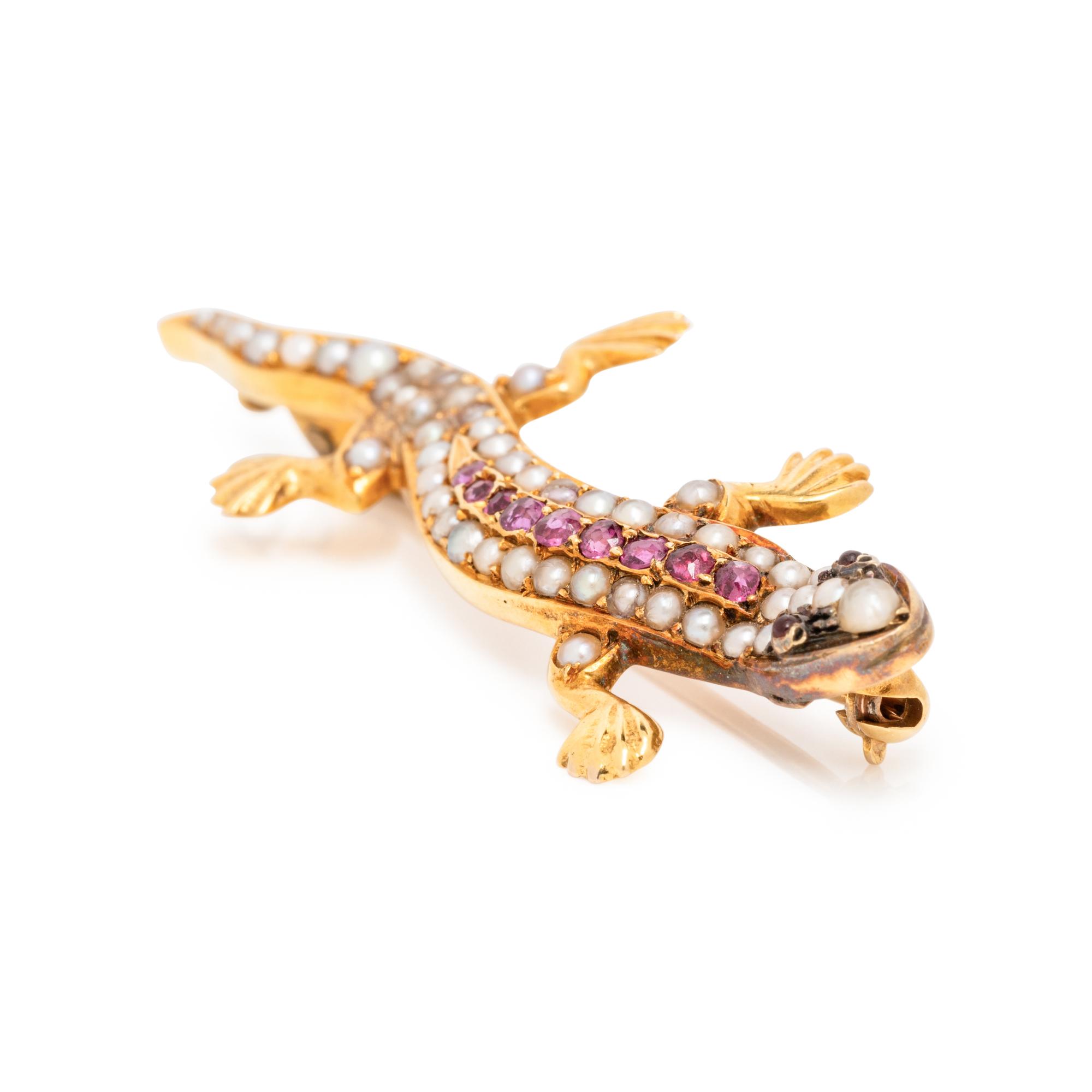 RUBY AND SEED PEARL SALAMANDER BROOCH