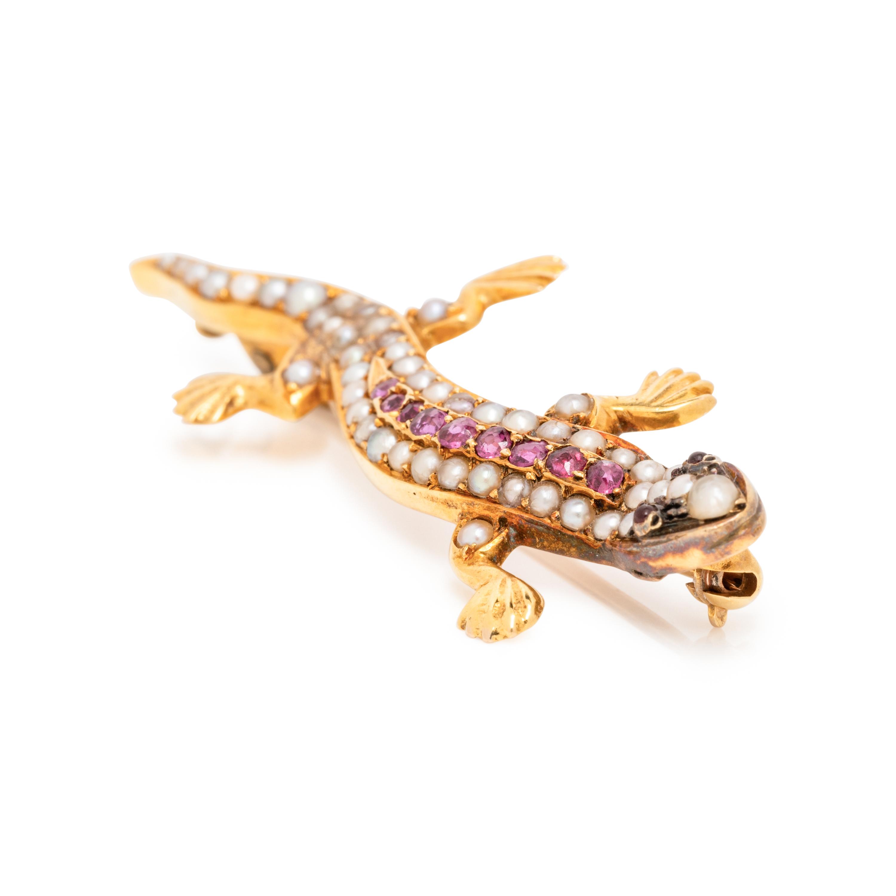 RUBY AND SEED PEARL SALAMANDER BROOCH