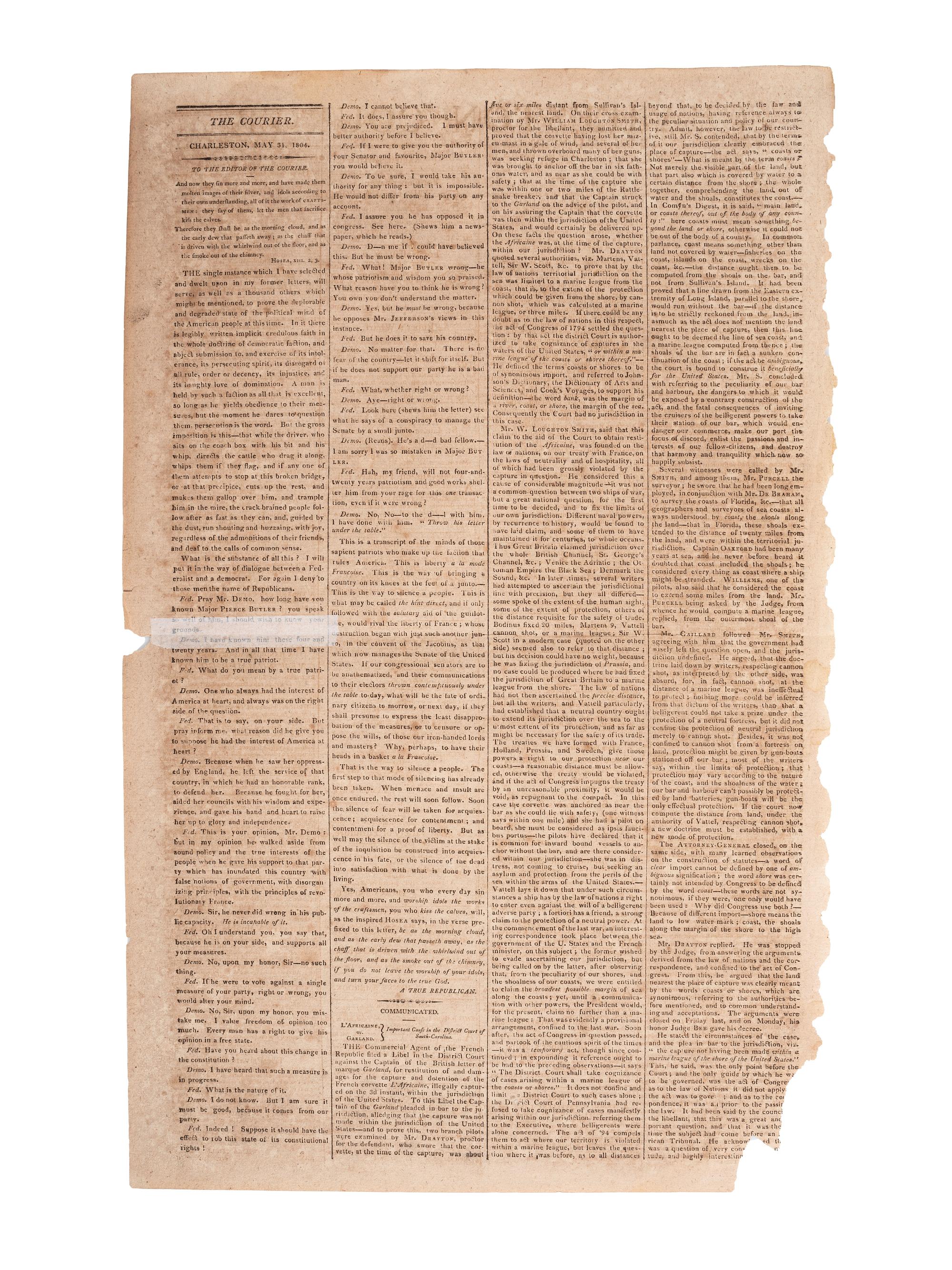 [SLAVERY & ABOLITION]. Charleston Courier. Vol. 2, No. 128. Charleston, SC: A.S. Willington, 31 May 1804.