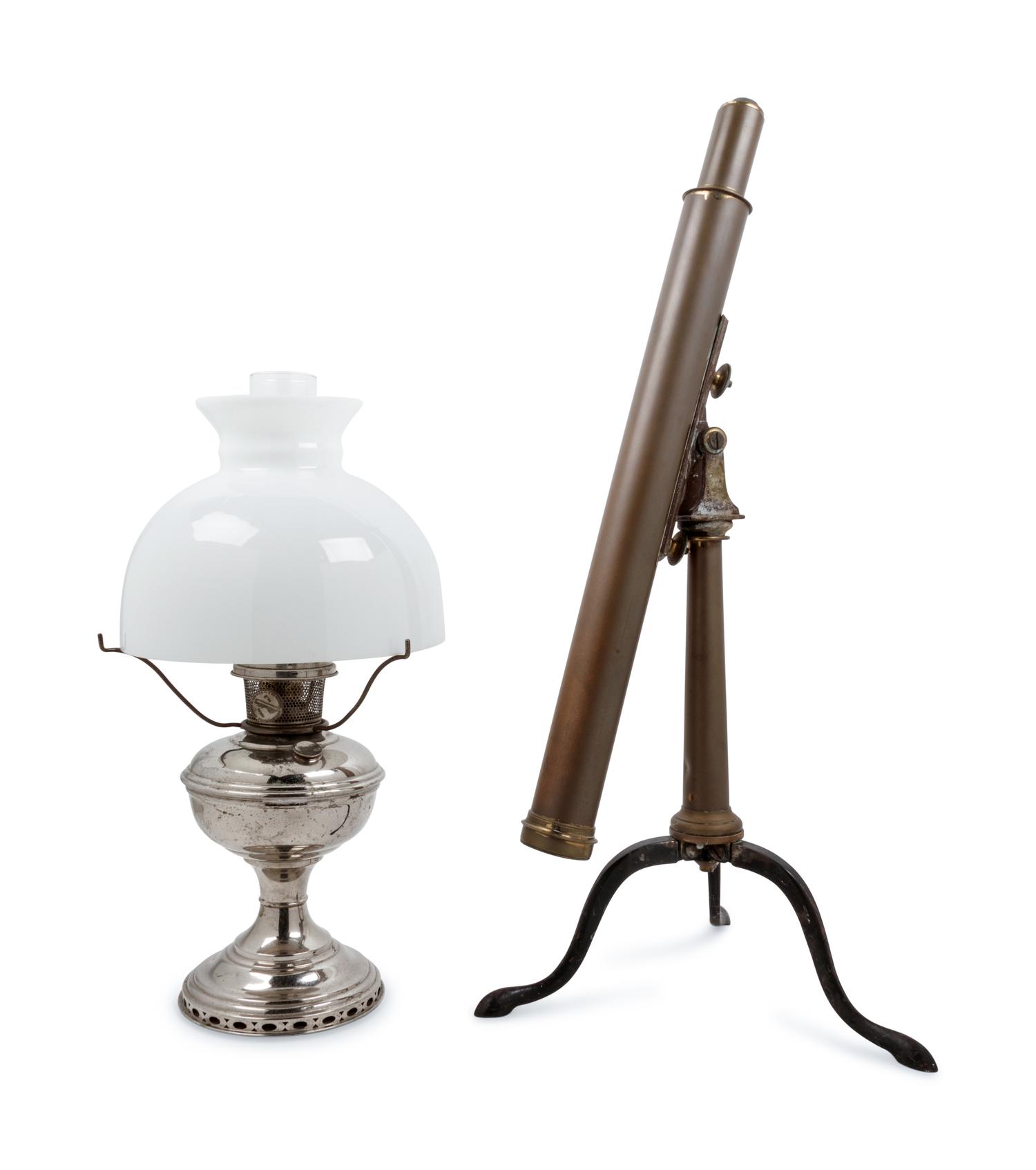 An English Brass Telescope and a Silver-Plate Fluid Lamp