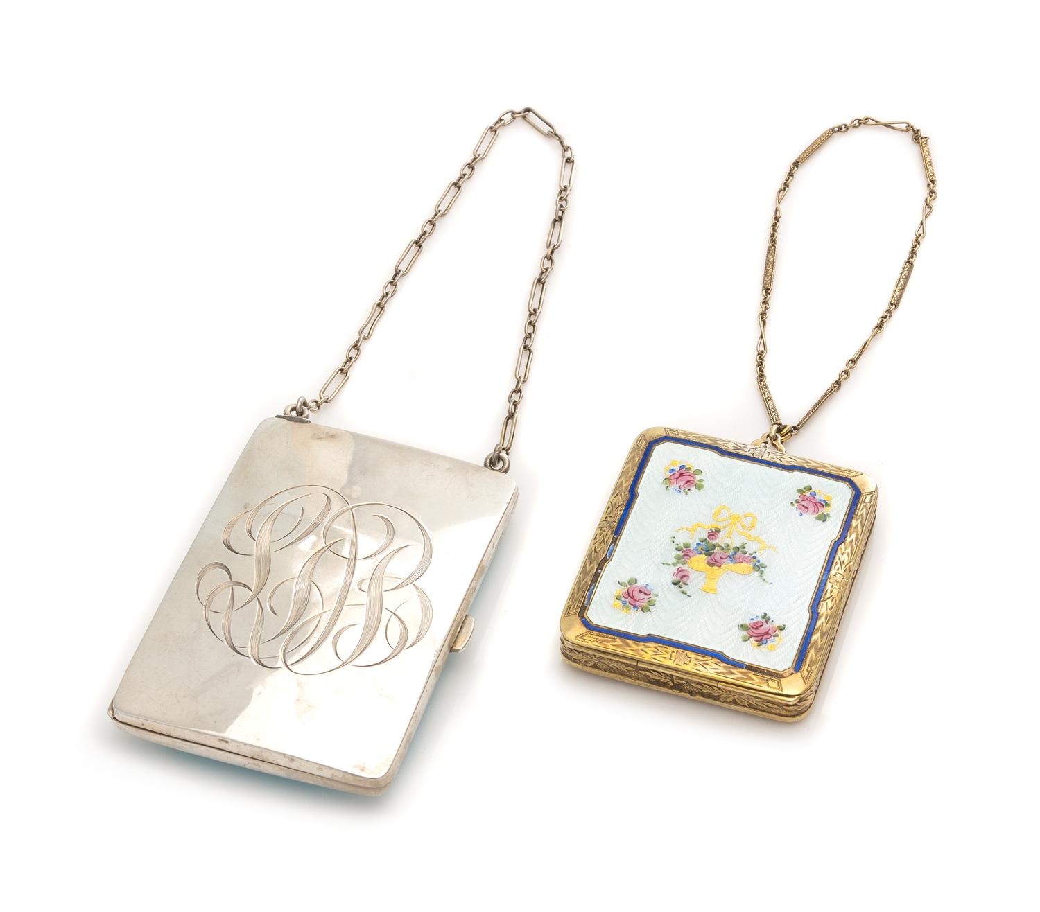 Two American Enameled Silver Change Purses, , comprising a light blue guilloche enameled example and one example with polychrome floral