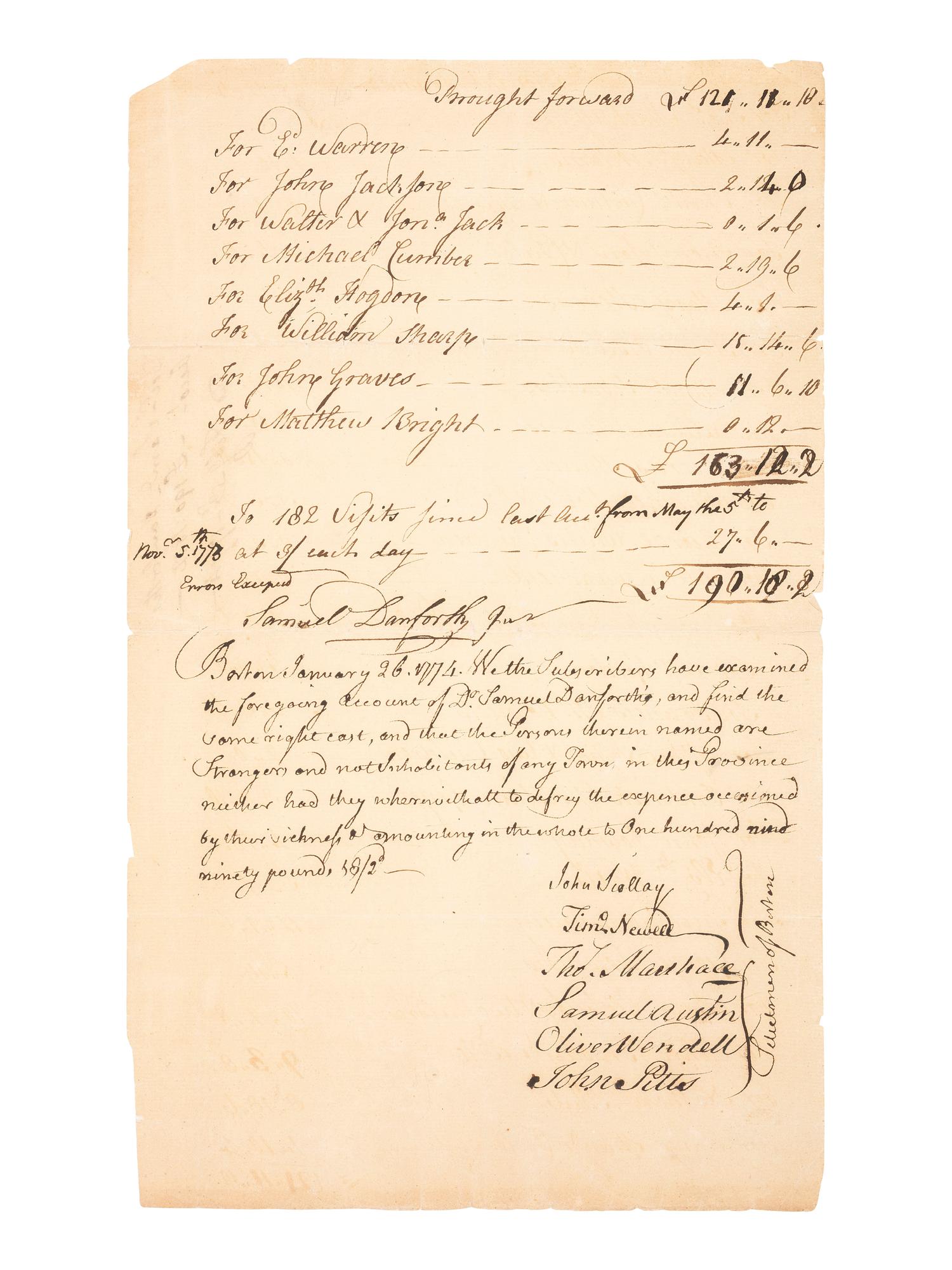 [COLONIAL]. Document signed by the "Selectmen of Boston," 26 January 1774.
