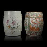 Two Chinese Famille Rose Porcelain Garden Stools, Late 19th-Early 20th Century — 晚清-民國 粉彩、廣彩瓷鼓凳兩件