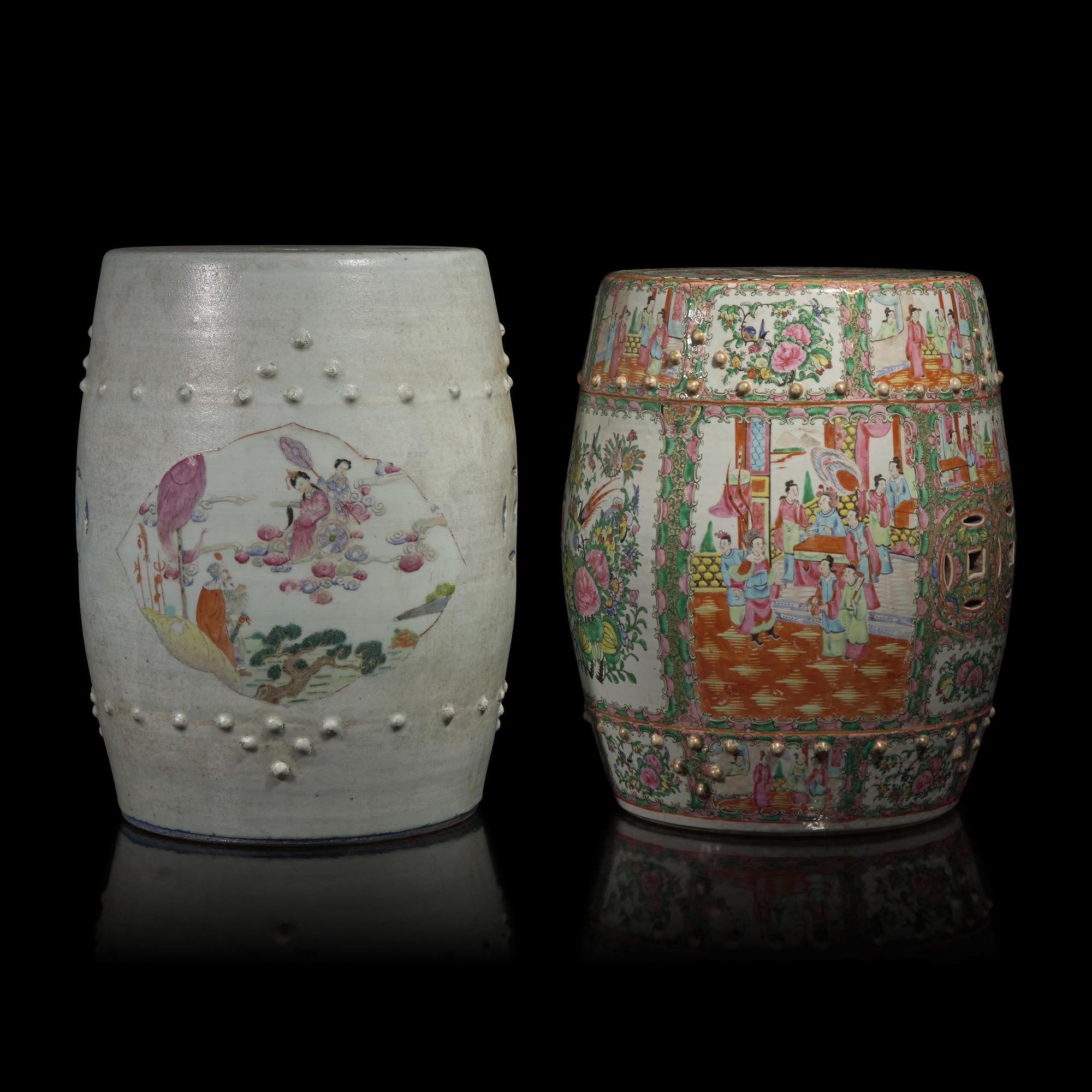 Two Chinese Famille Rose Porcelain Garden Stools, Late 19th-Early 20th Century — 晚清-民國 粉彩、廣彩瓷鼓凳兩件