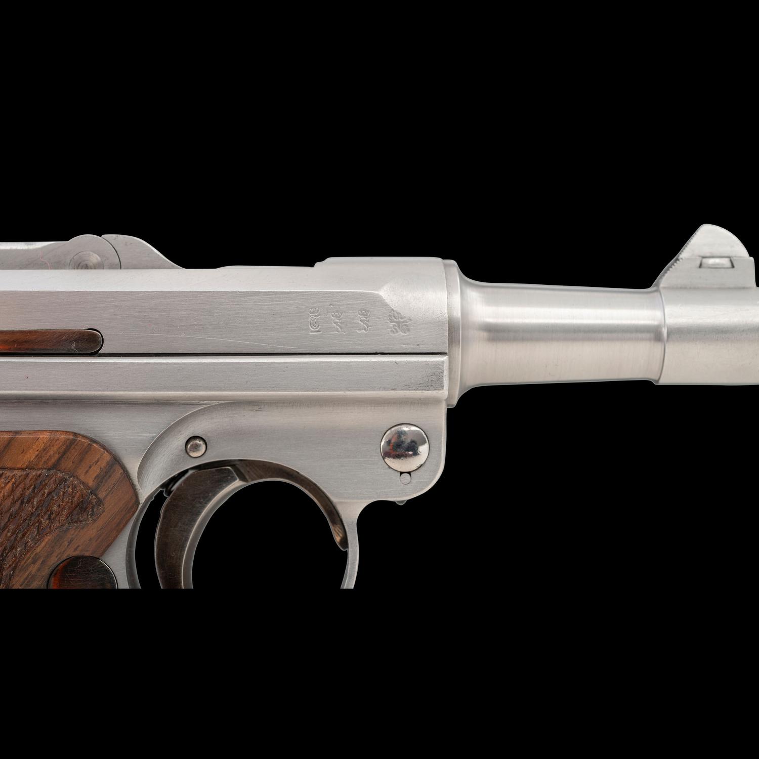 *Bright Finished John Martz Custom Baby Luger 9mm with Matching Stand